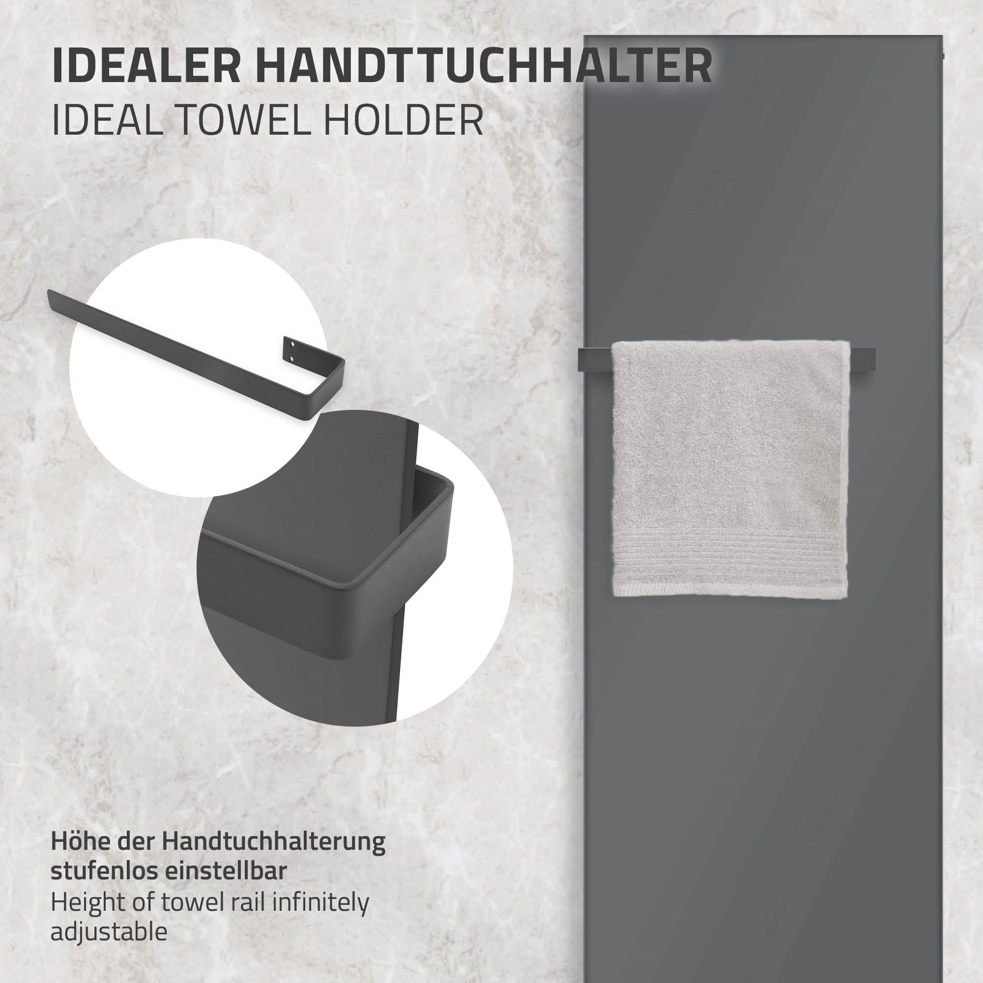 Towel holder in anthracite with towel, infinitely adjustable.