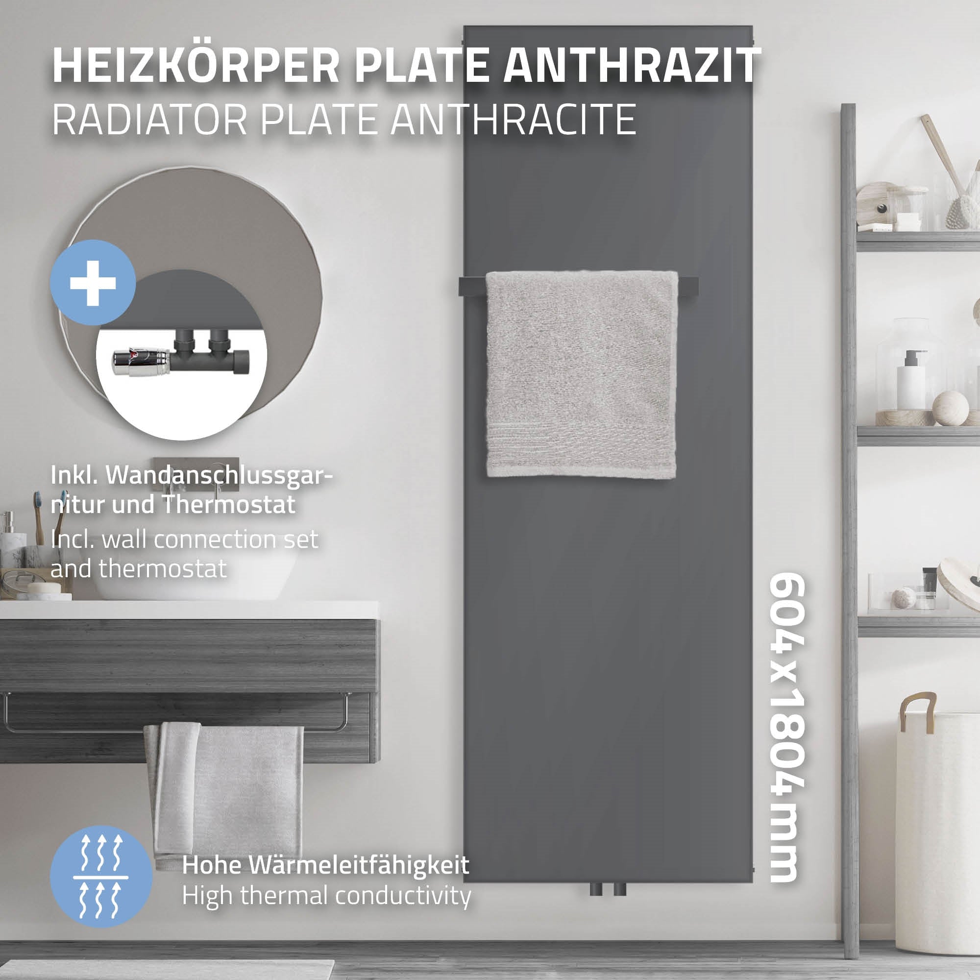 Anthracite-colored radiator with towel holder and thermostat.