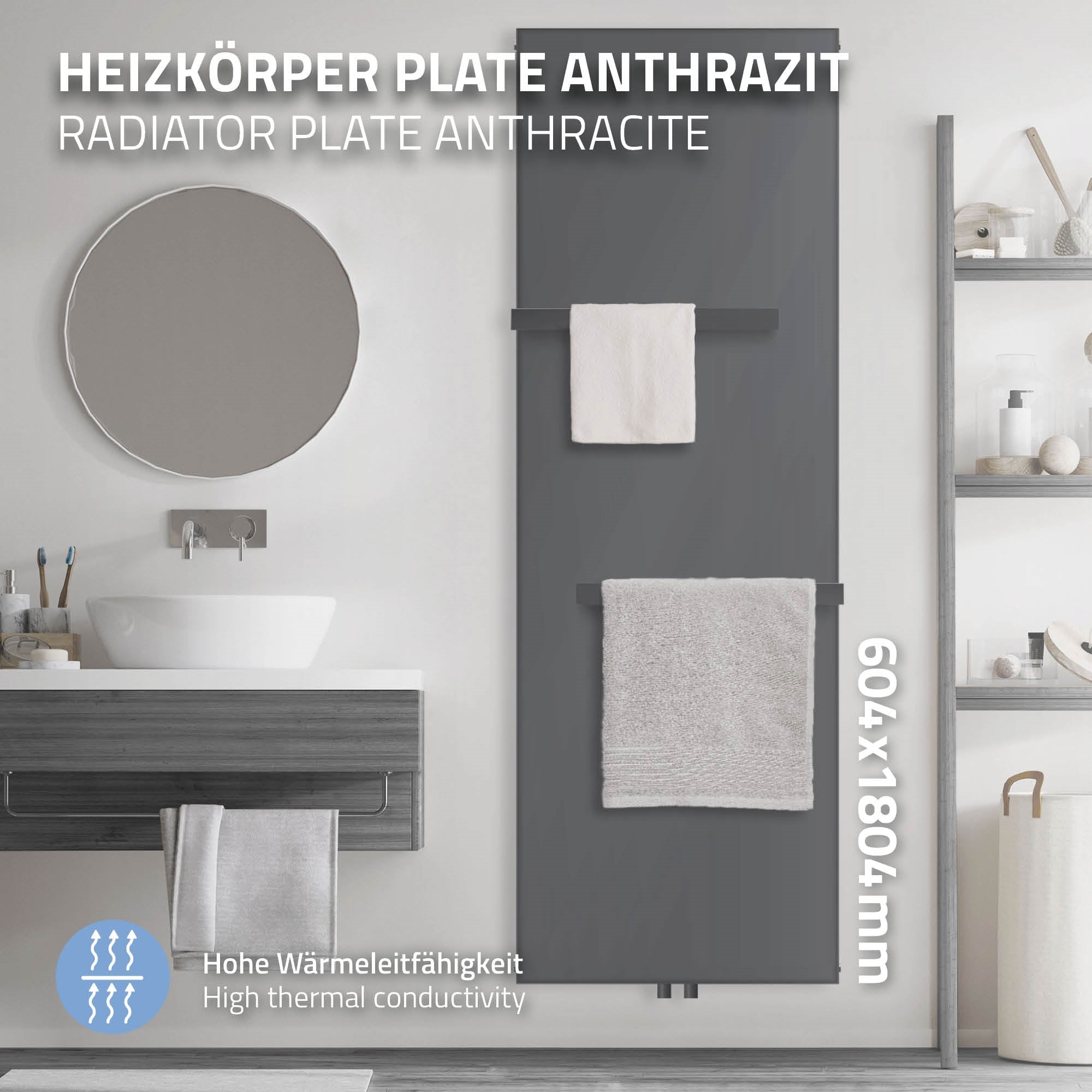 Anthrazitfarbener Heizkörper, Spiegel und Badezimmermöbel im Hintergrund.