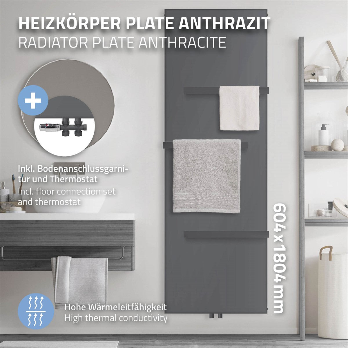 Anthrazitfarbener Heizkörper mit Handtuchhaltern im Badezimmer.