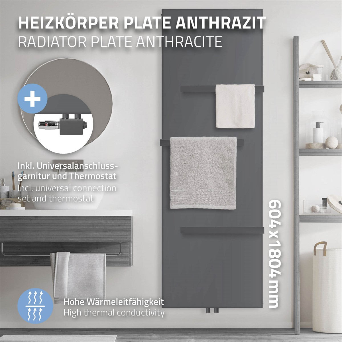 Anthrazitfarbener Heizkörper mit universellem Anschluss und Thermostat.