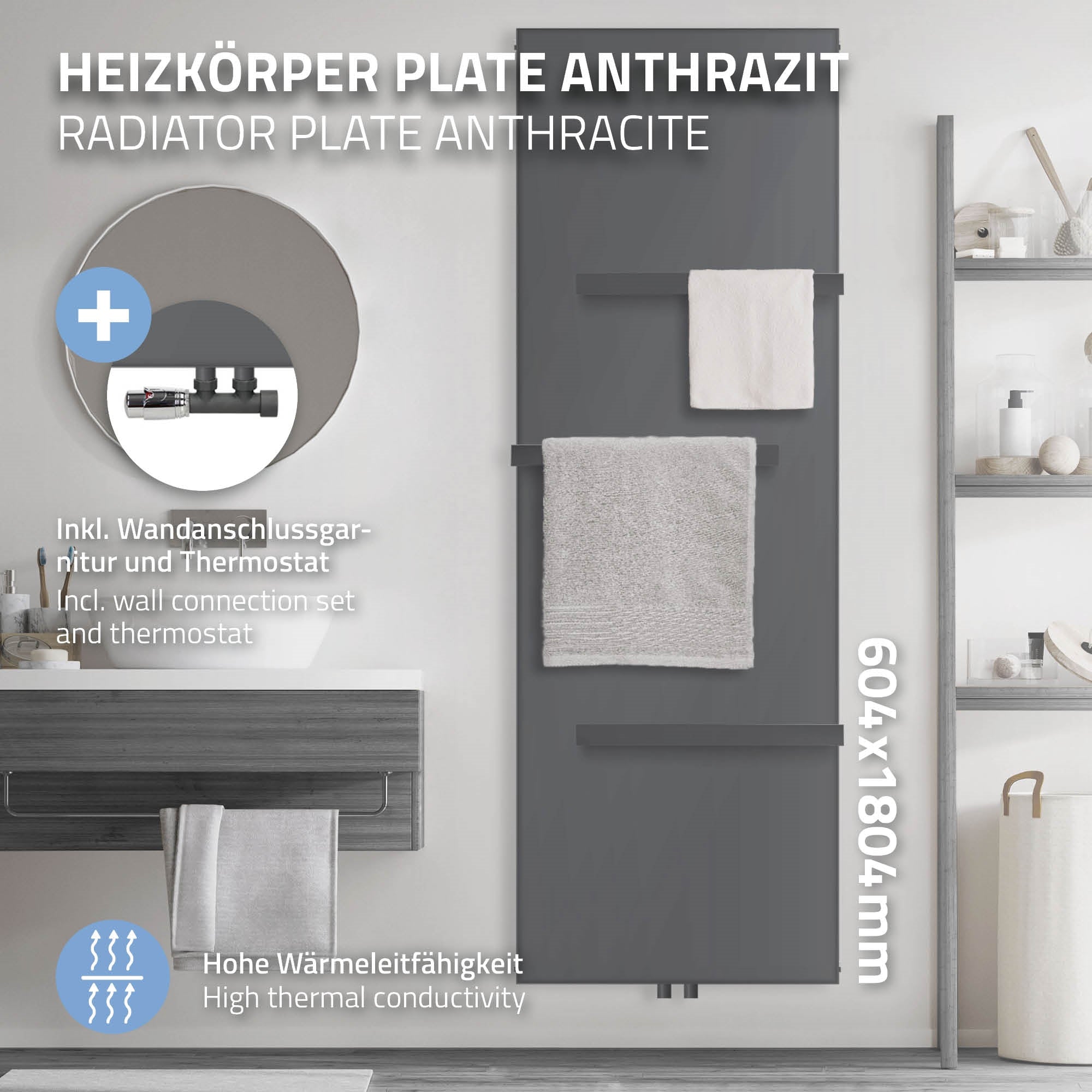 Antracit színű radiátor törölközőkkel, fürdőszoba a háttérben.