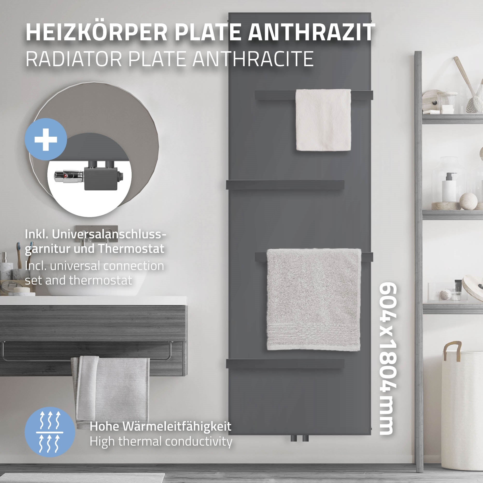 Antracit színű radiátorlemez törölközőkkel és kiegészítőkkel.