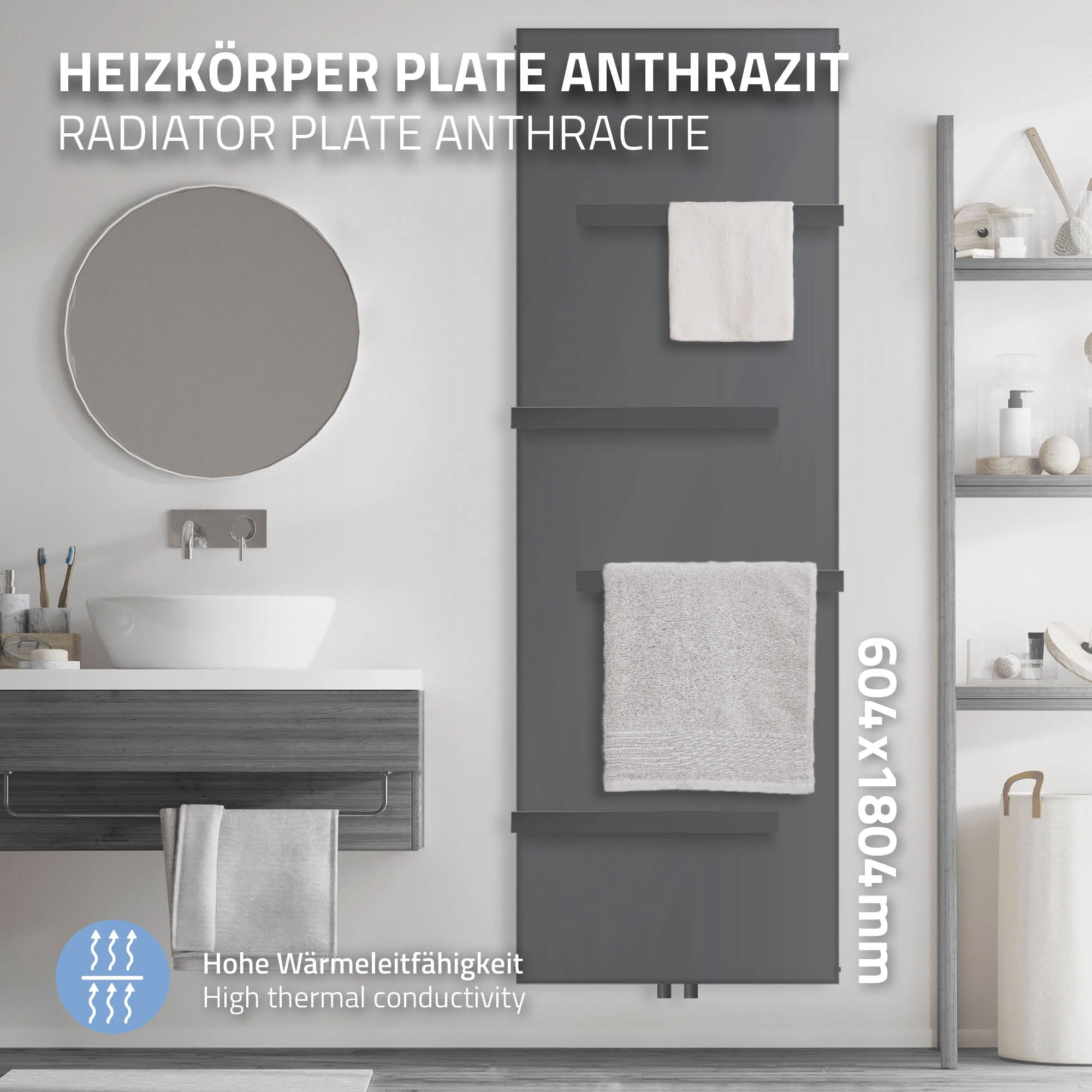 Anthrazitfarbener Heizkörper mit Handtüchern, Wandanschluss und Thermostat.