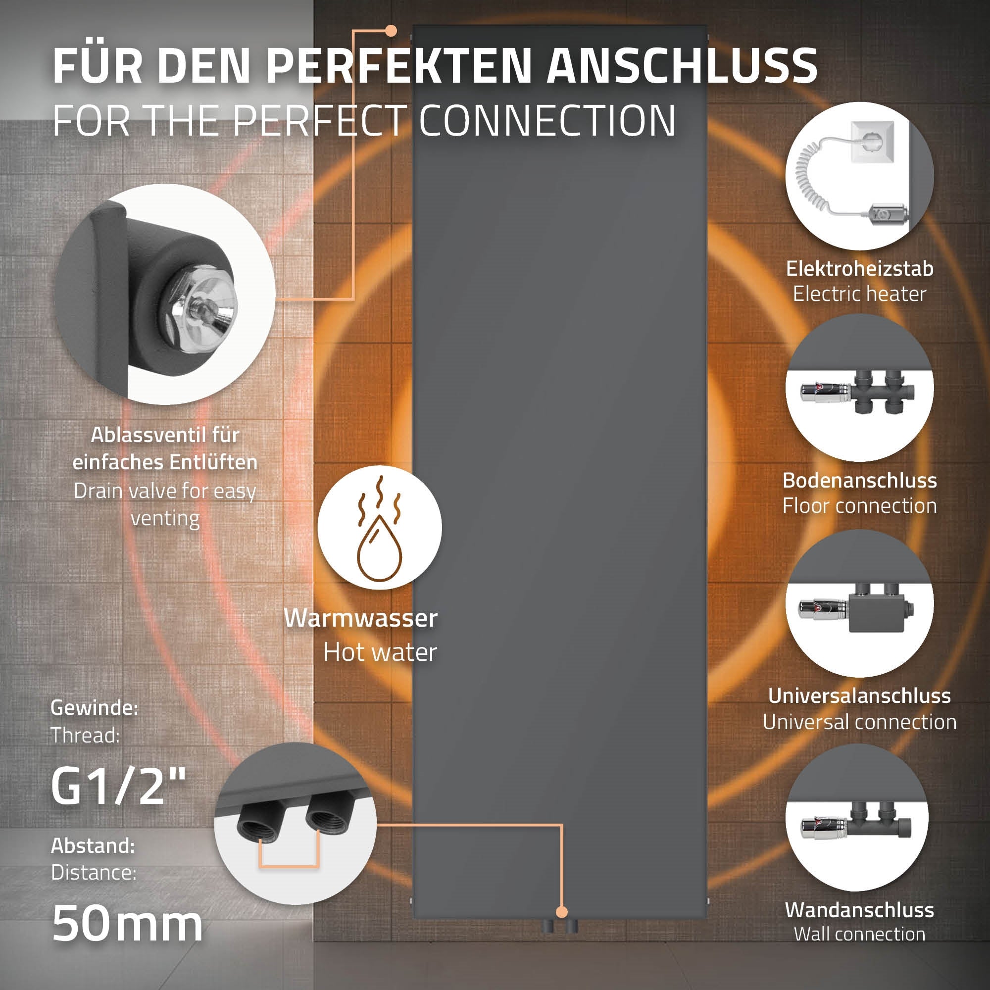 Anthrazitfarbener Heizkörper mit Handtüchern, Wandanschluss und Thermostat.