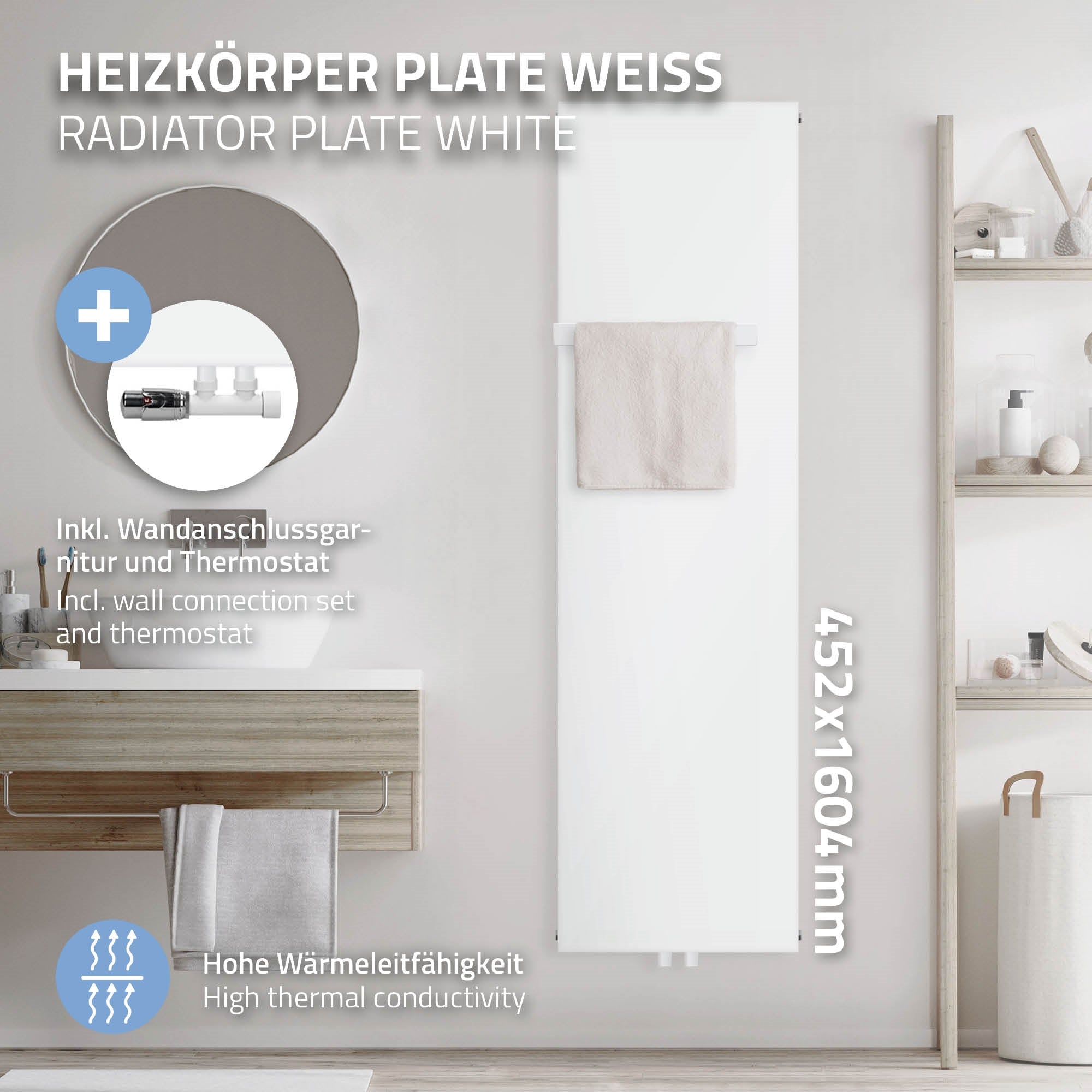 Weißer Heizkörper mit Handtüchern, Wandanschluss und Thermostat.