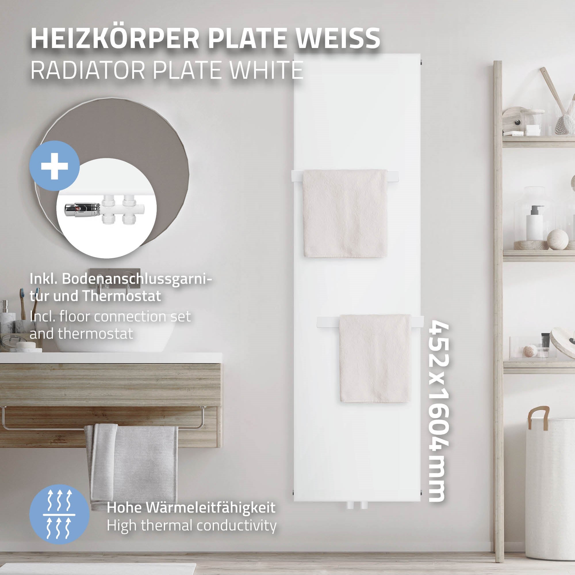 Heizkörperplatte in Weiß mit zwei Handtüchern und Zubehör.