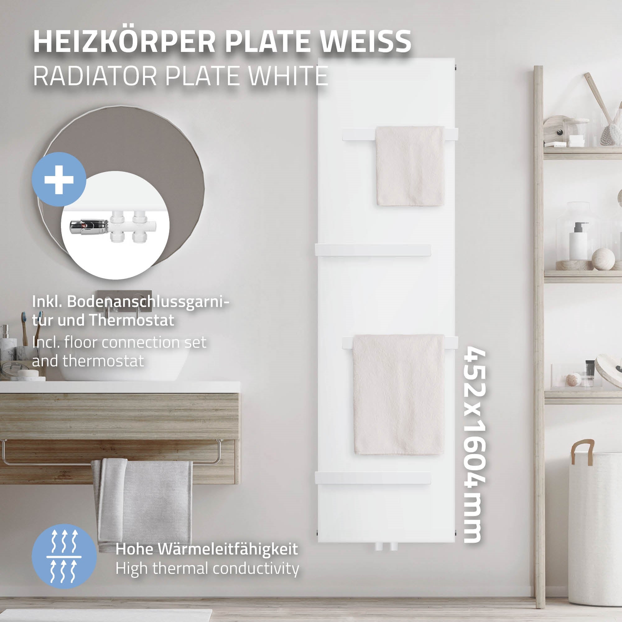 Weißer Heizkörper mit Bodenanschluss und Thermostat.