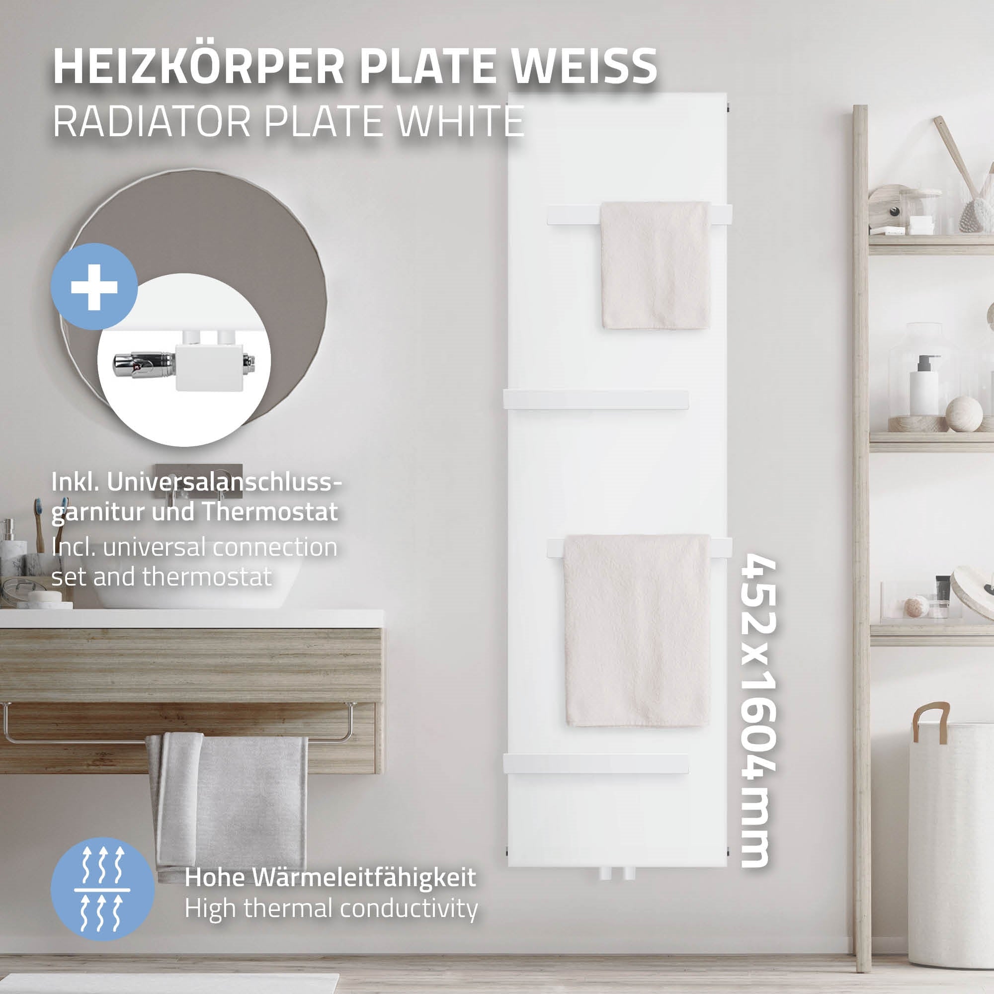 Weißer Heizkörper mit Handtüchern, Maße 452x1604 mm.