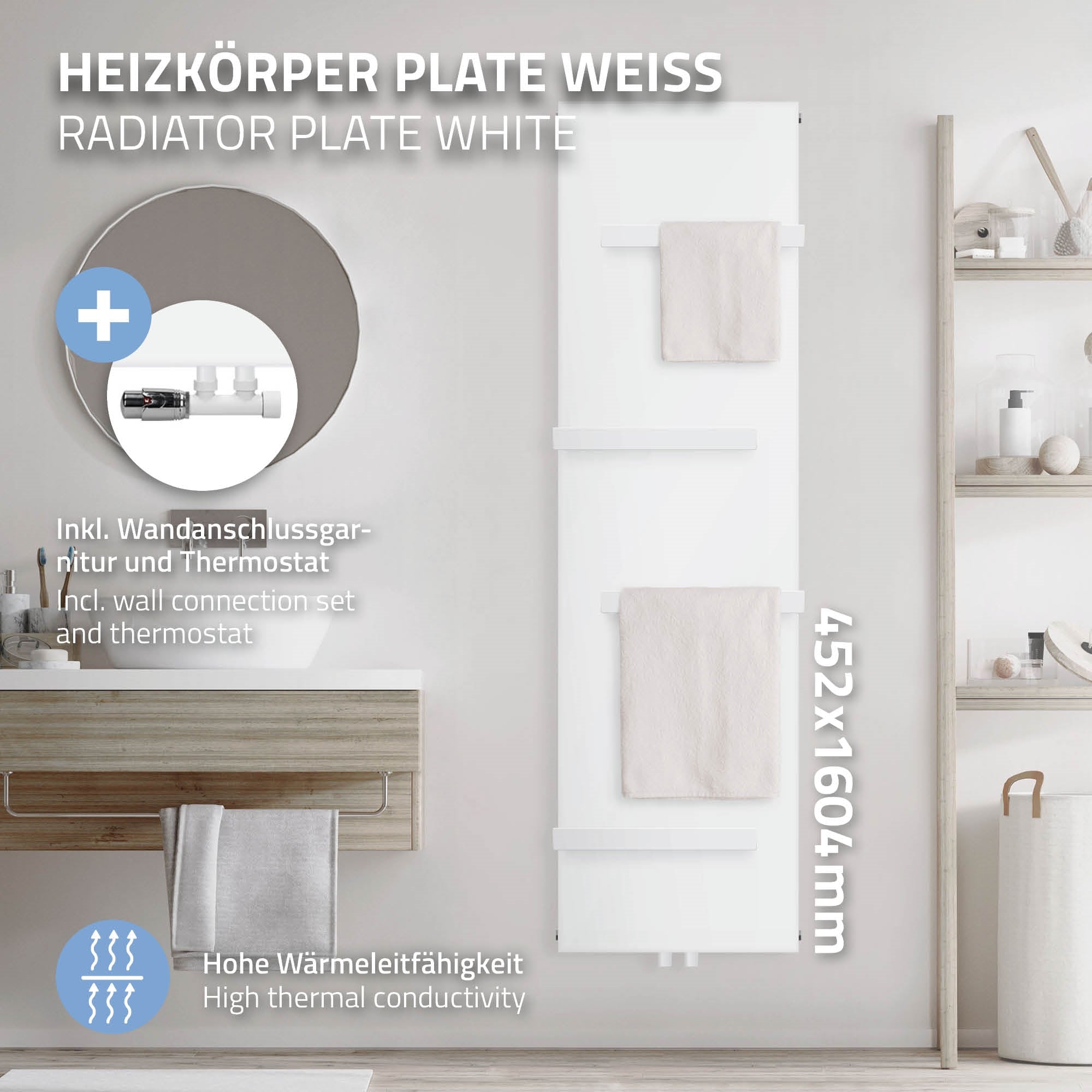 Heizkörperplatte in Weiß mit Handtüchern und Zubehör.