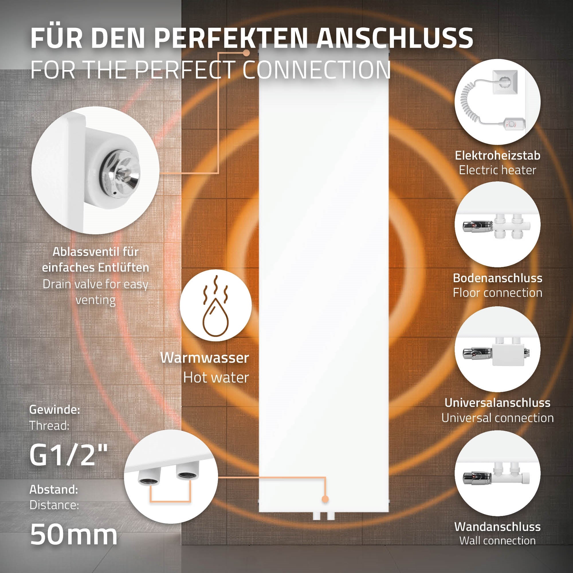 Hvid radiator med tilslutningsdetaljer, mål 452x1604 mm.