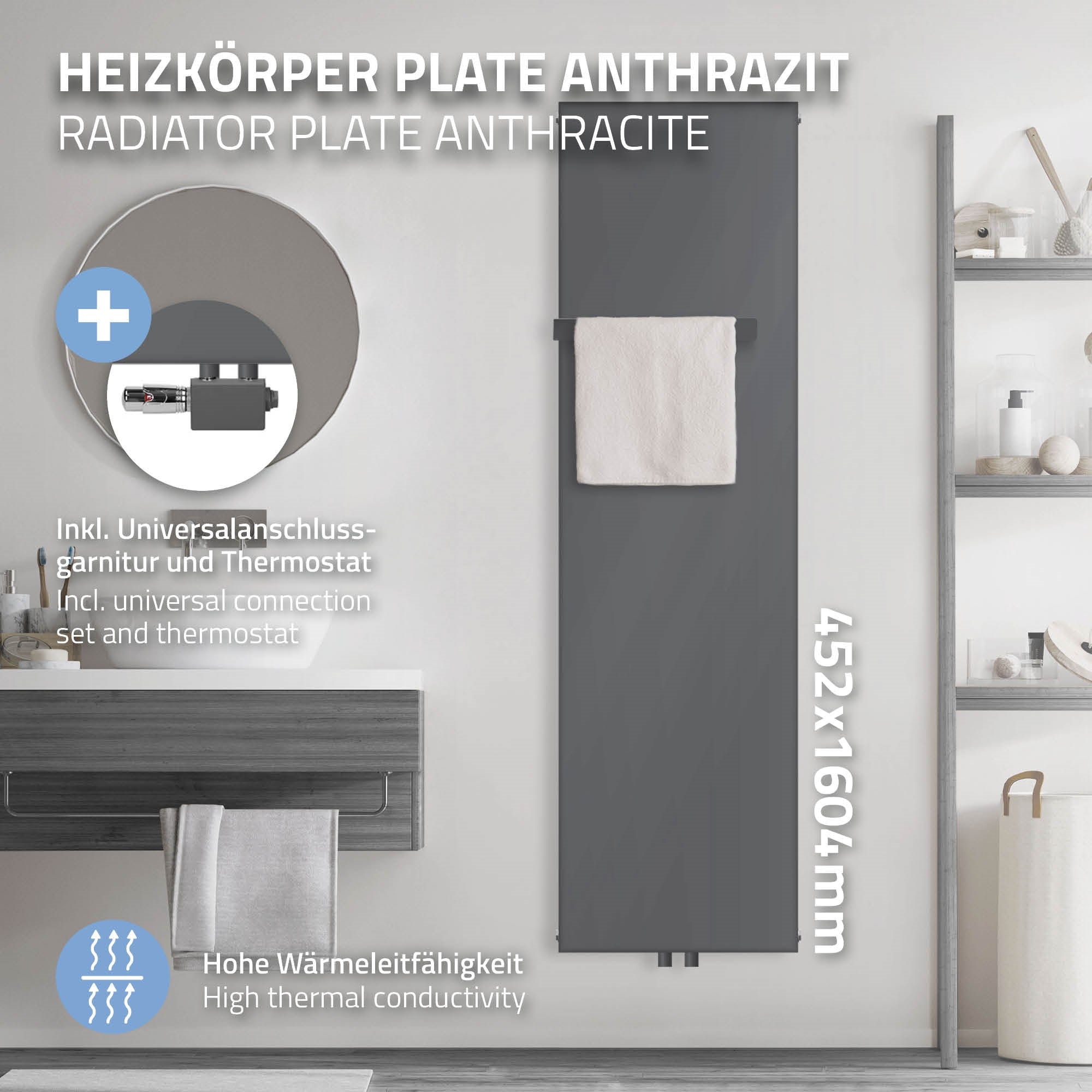 Anthrazitfarbener Heizkörper mit Zubehör, Maße 452x1604mm.