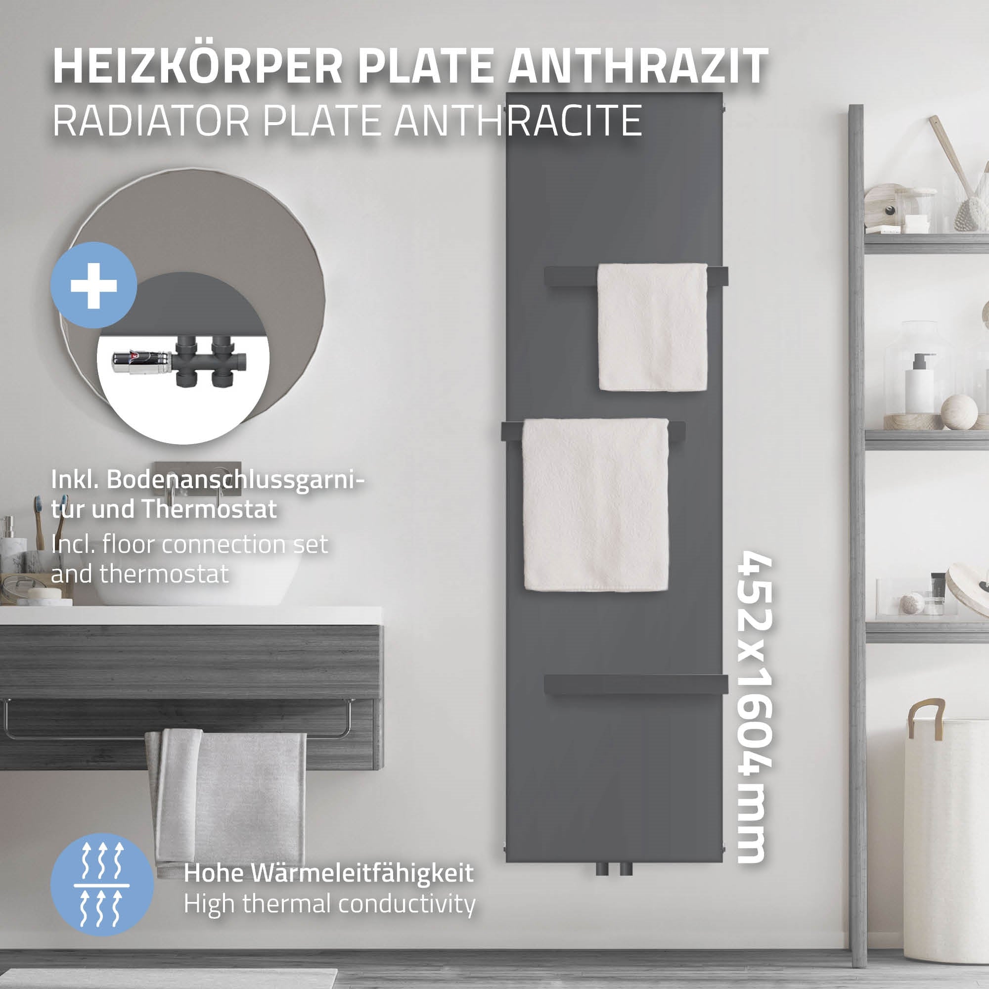 Anthrazitfarbener Heizkörper mit zwei Handtüchern, Bodenmontage, Maße 452x1604 mm.