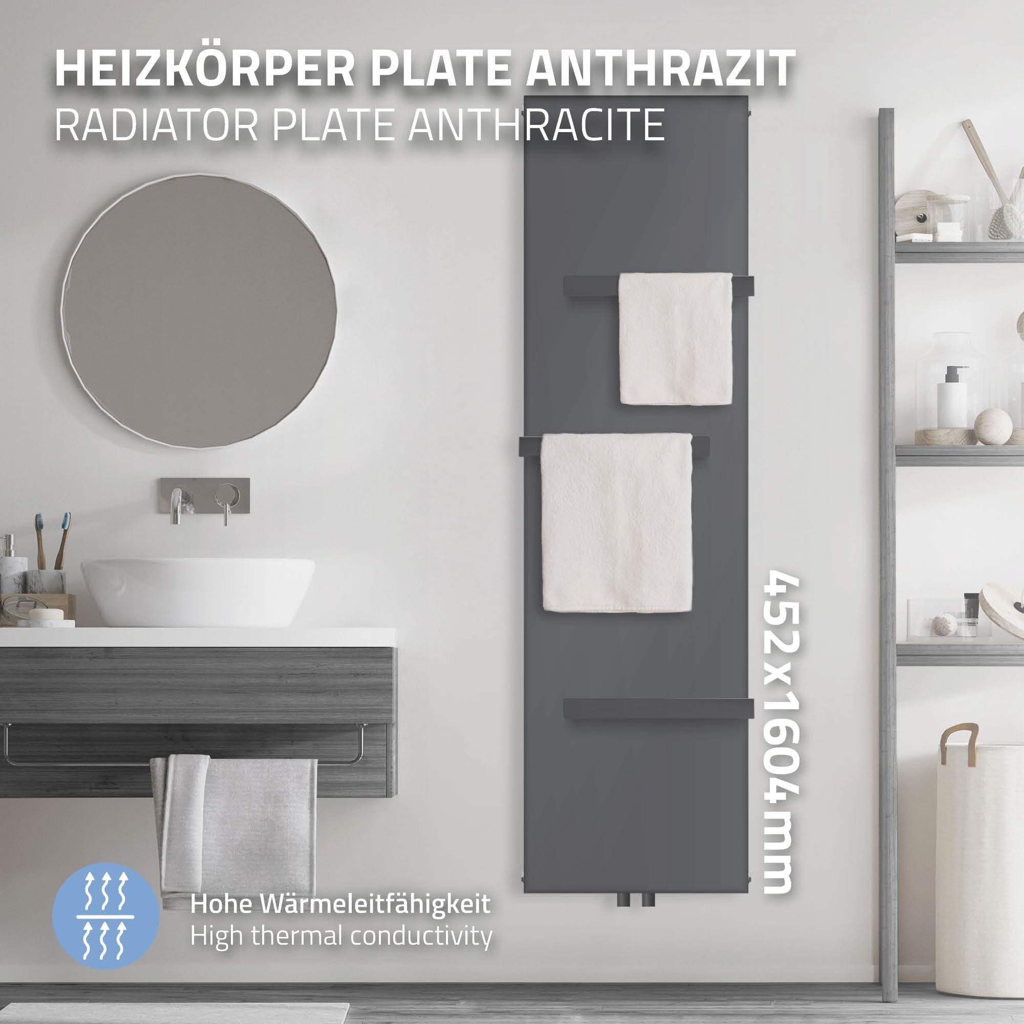 Anthrazitfarbener Heizkörper mit Handtuch, Maße 452x1604mm.