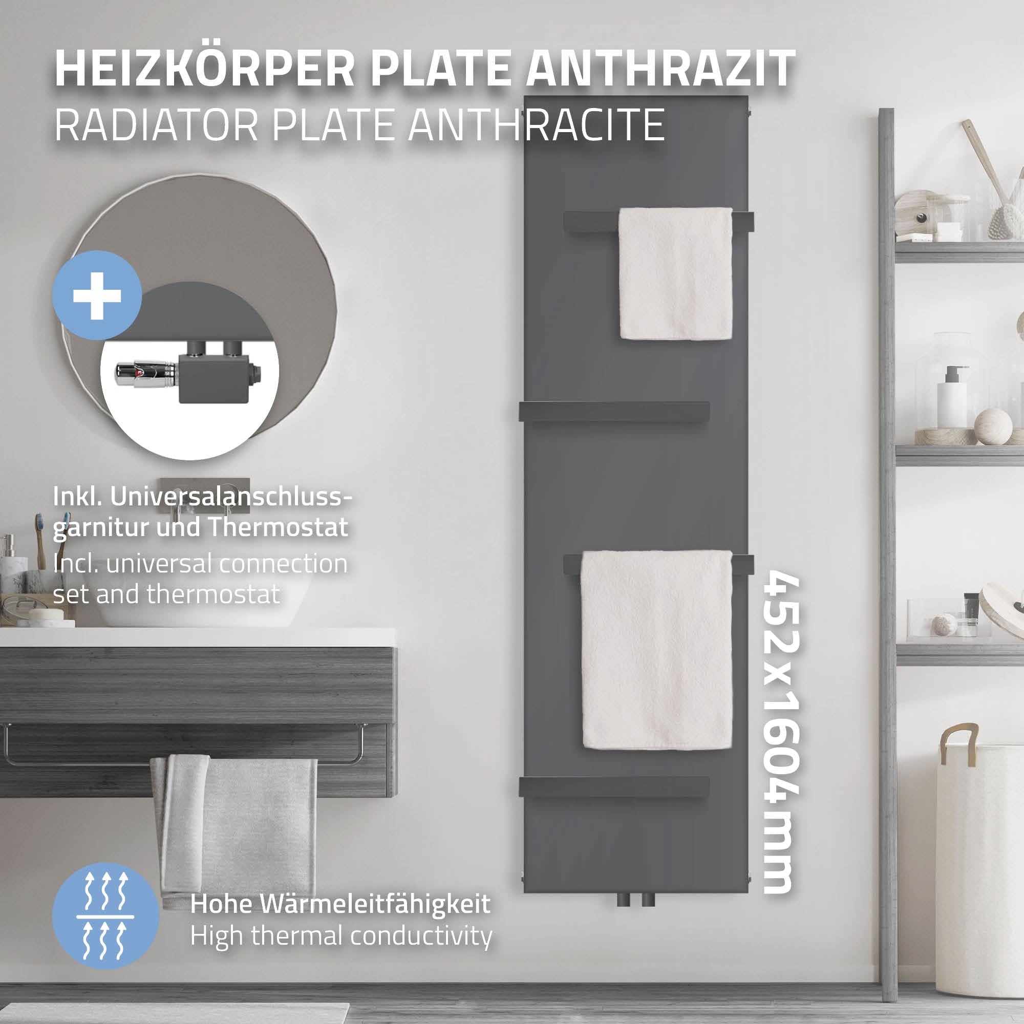 Anthrazitfarbener Heizkörper mit Handtüchern, Maße 452x1604mm.