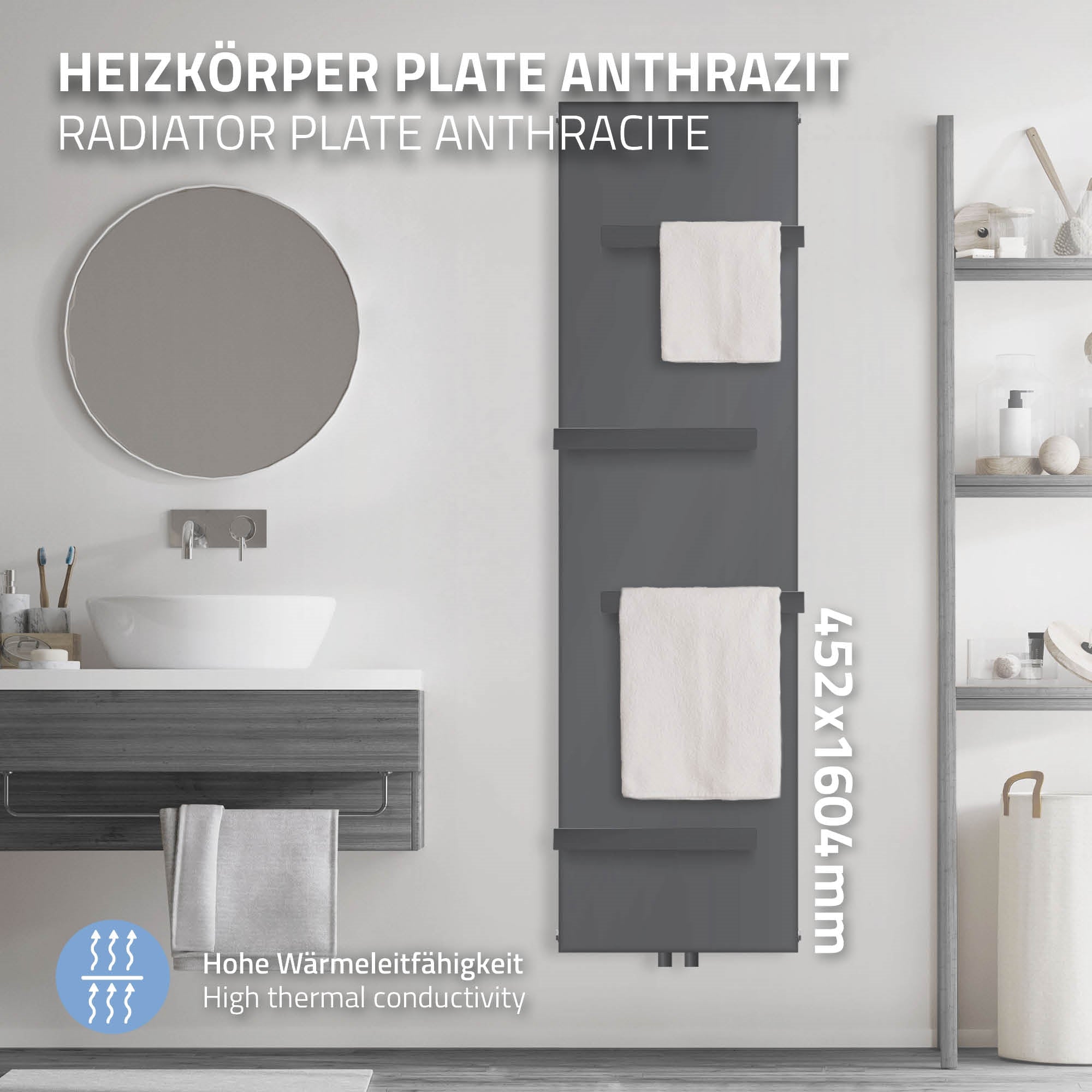 Anthrazitfarbener Heizkörper mit Handtuchhaltern im Badezimmer.