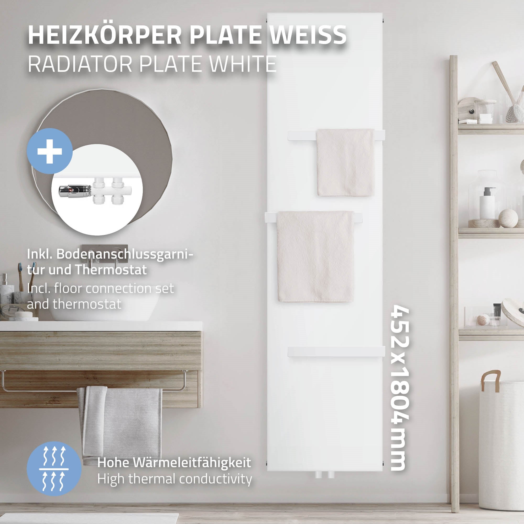Weißer Heizkörper mit Handtuchhaltern und Thermostat in einem Badezimmer.