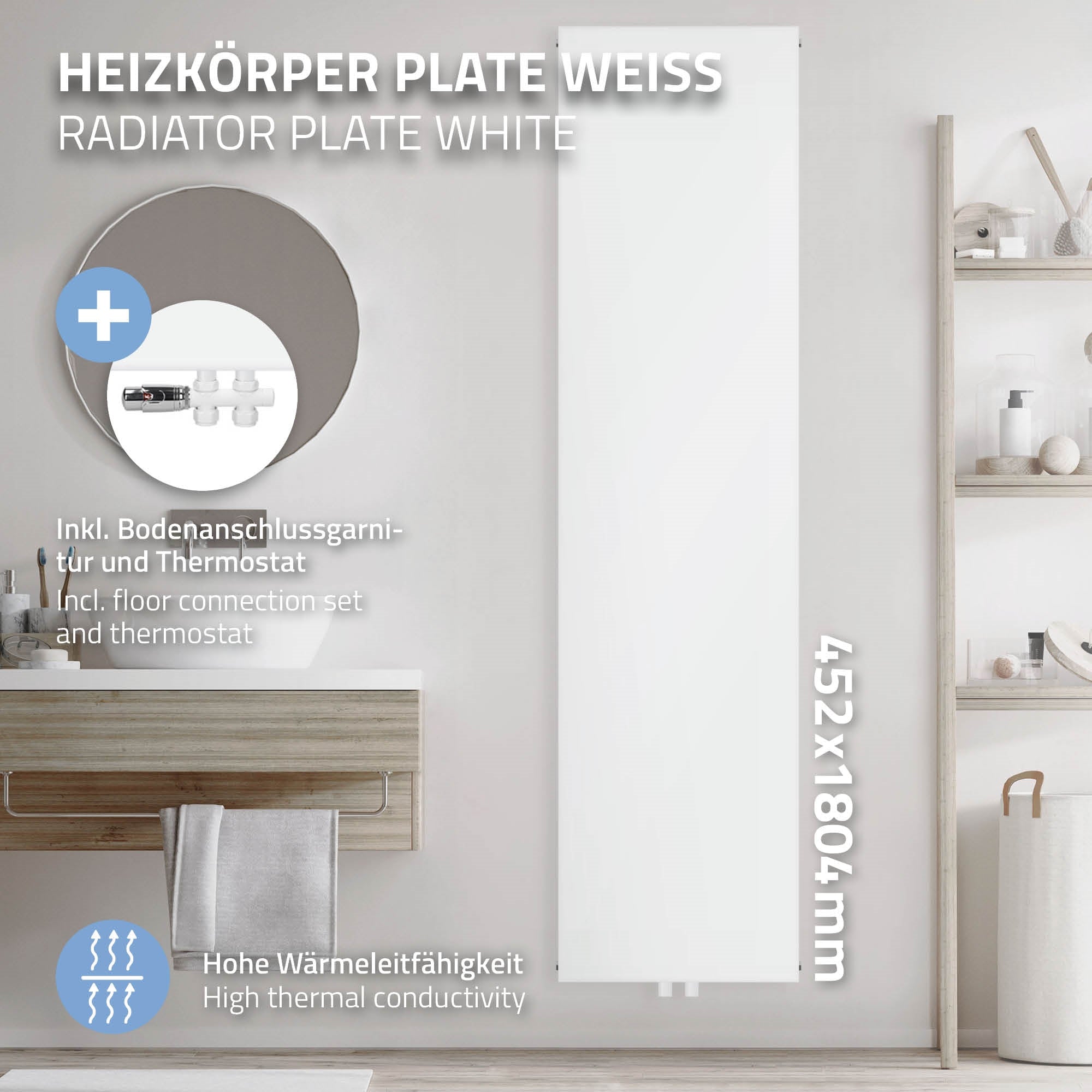 White radiator with floor connection and thermostat.