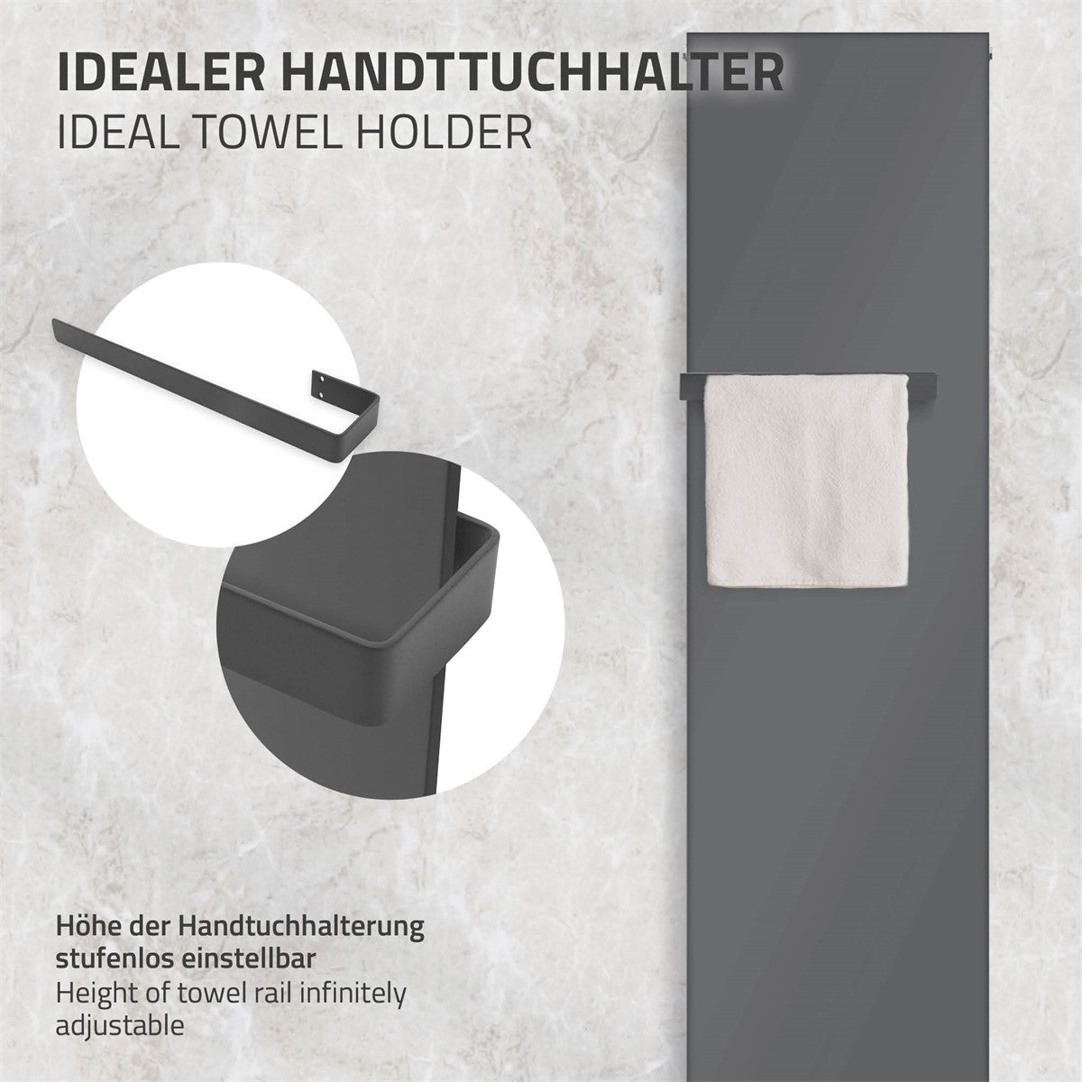Handtuchhalter in Anthrazit mit Handtuch, stufenlos einstellbar.