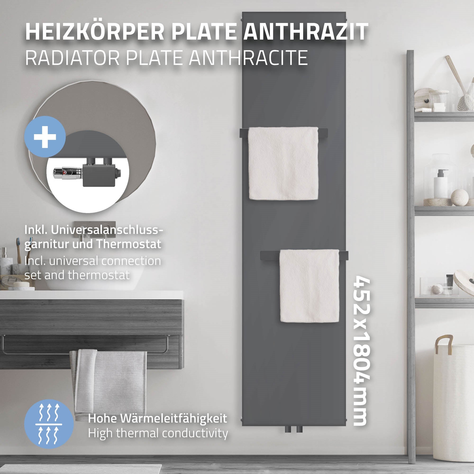 Antracietkleurige radiator met twee handdoeken in de badkamer.