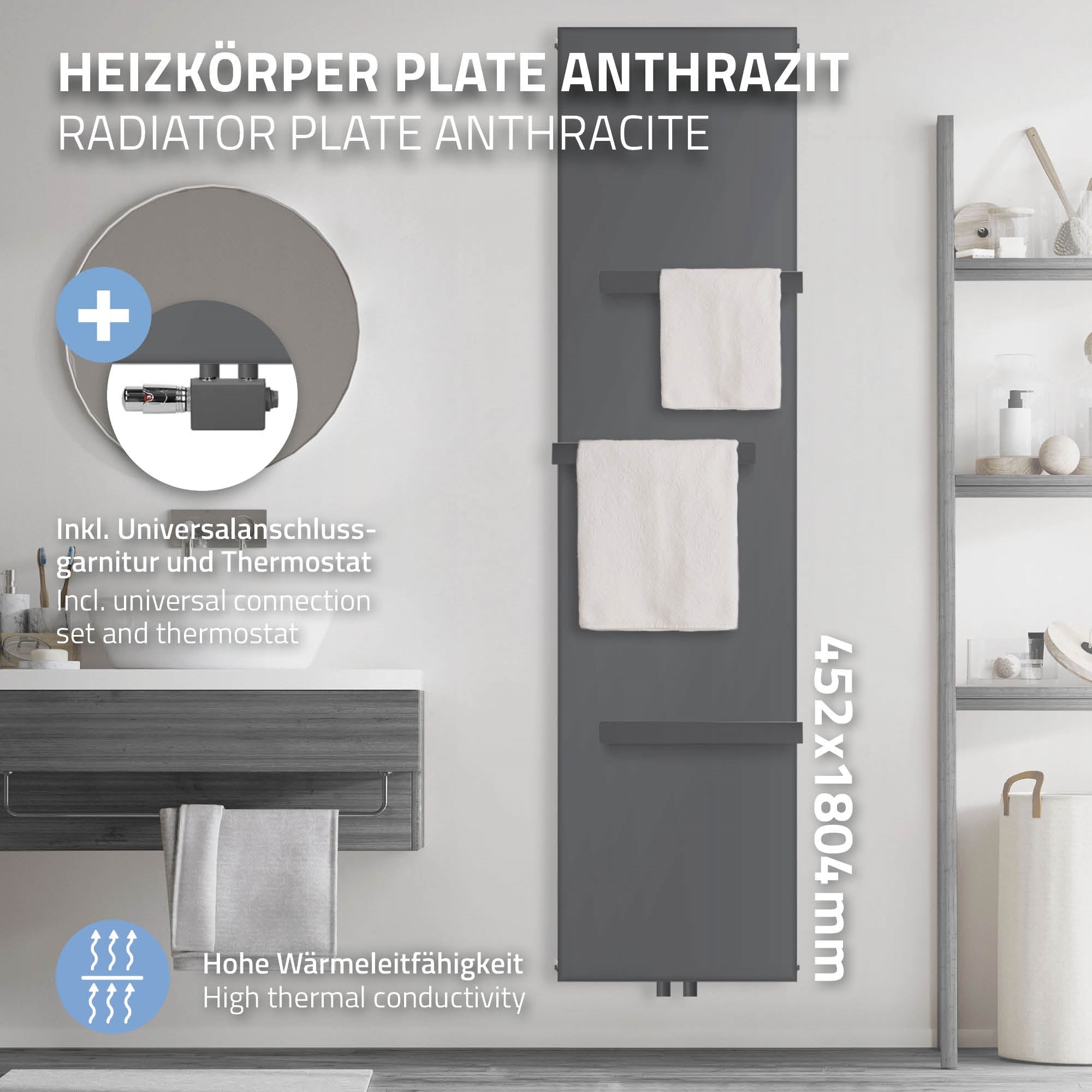 Antracit színű fűtőtest két törölközővel, méretei 452x1804mm.
