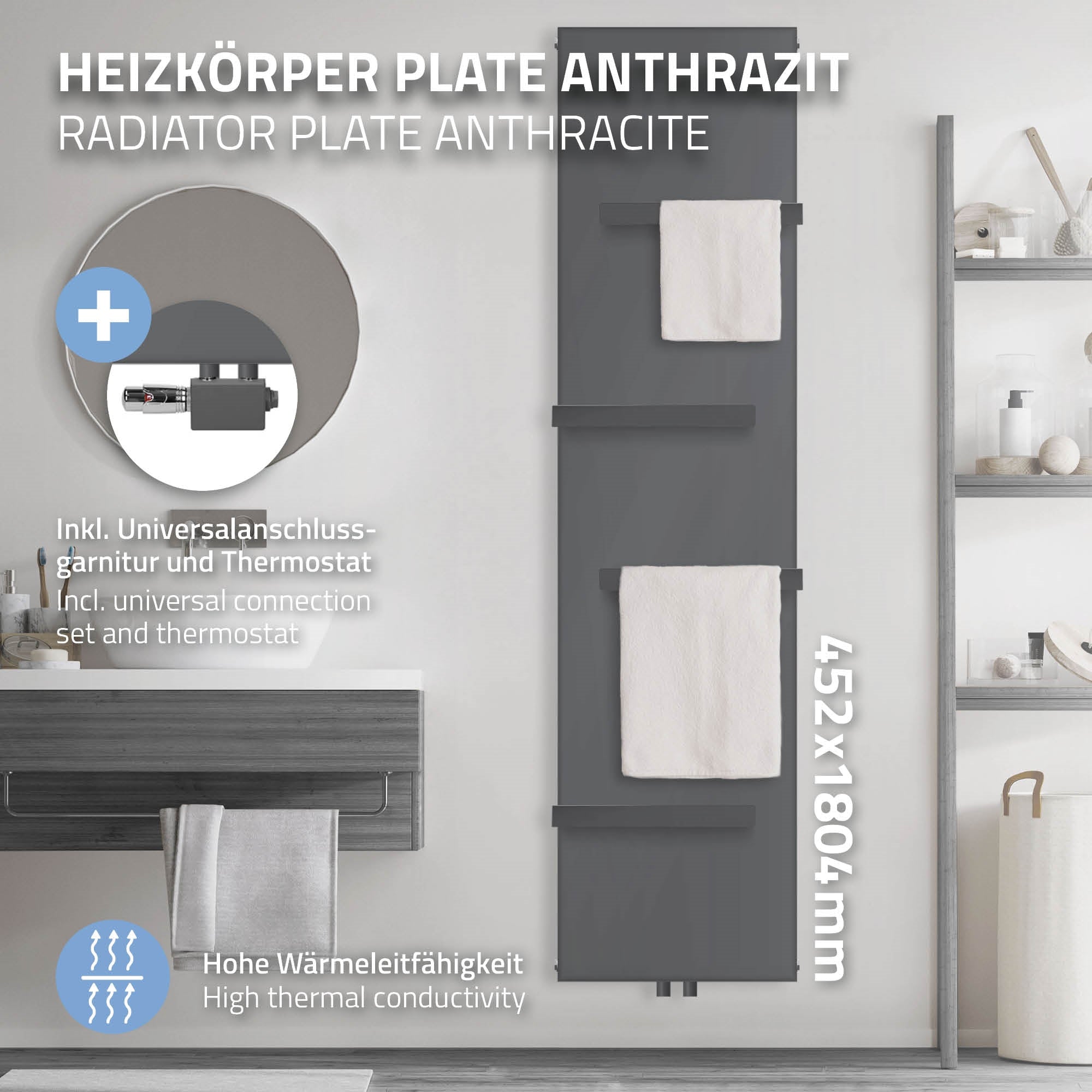 Antracit színű radiátor két törölközővel, méretei: 452x1804mm.