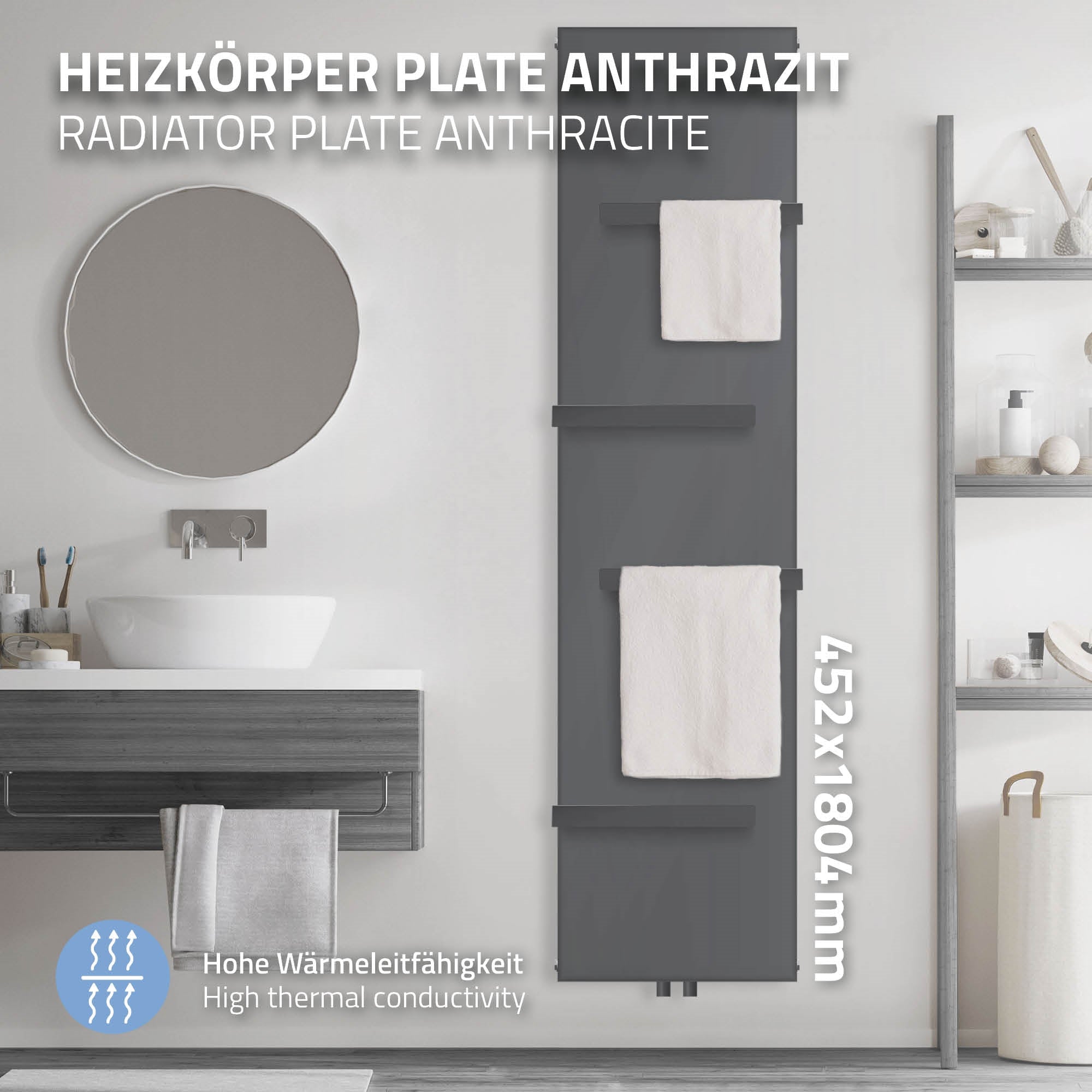 Anthrazitfarbener Heizkörper mit Handtuchhaltern in einem Badezimmer.