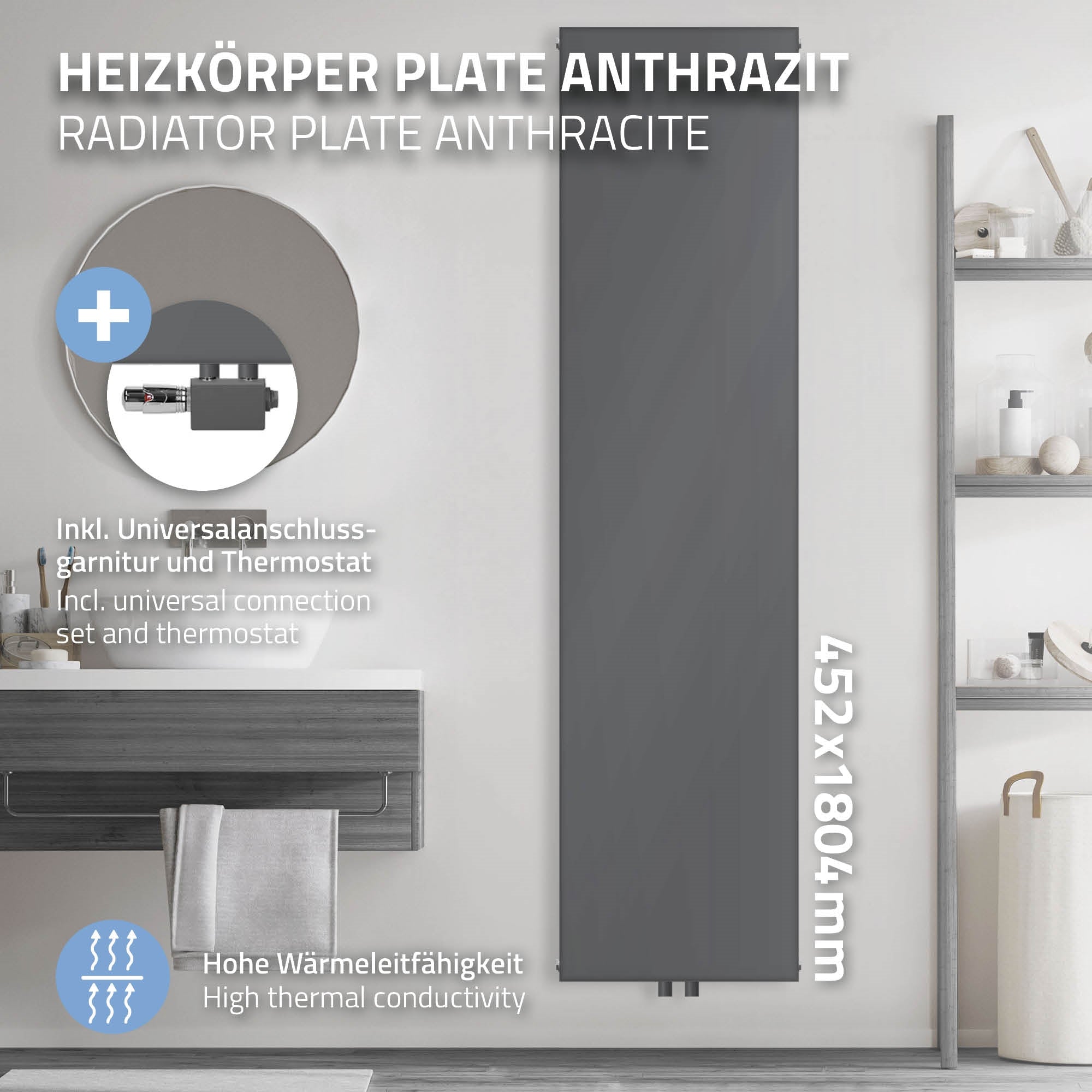 Anthrazitfarbener Heizkörper mit Wandmontage und Zubehör.