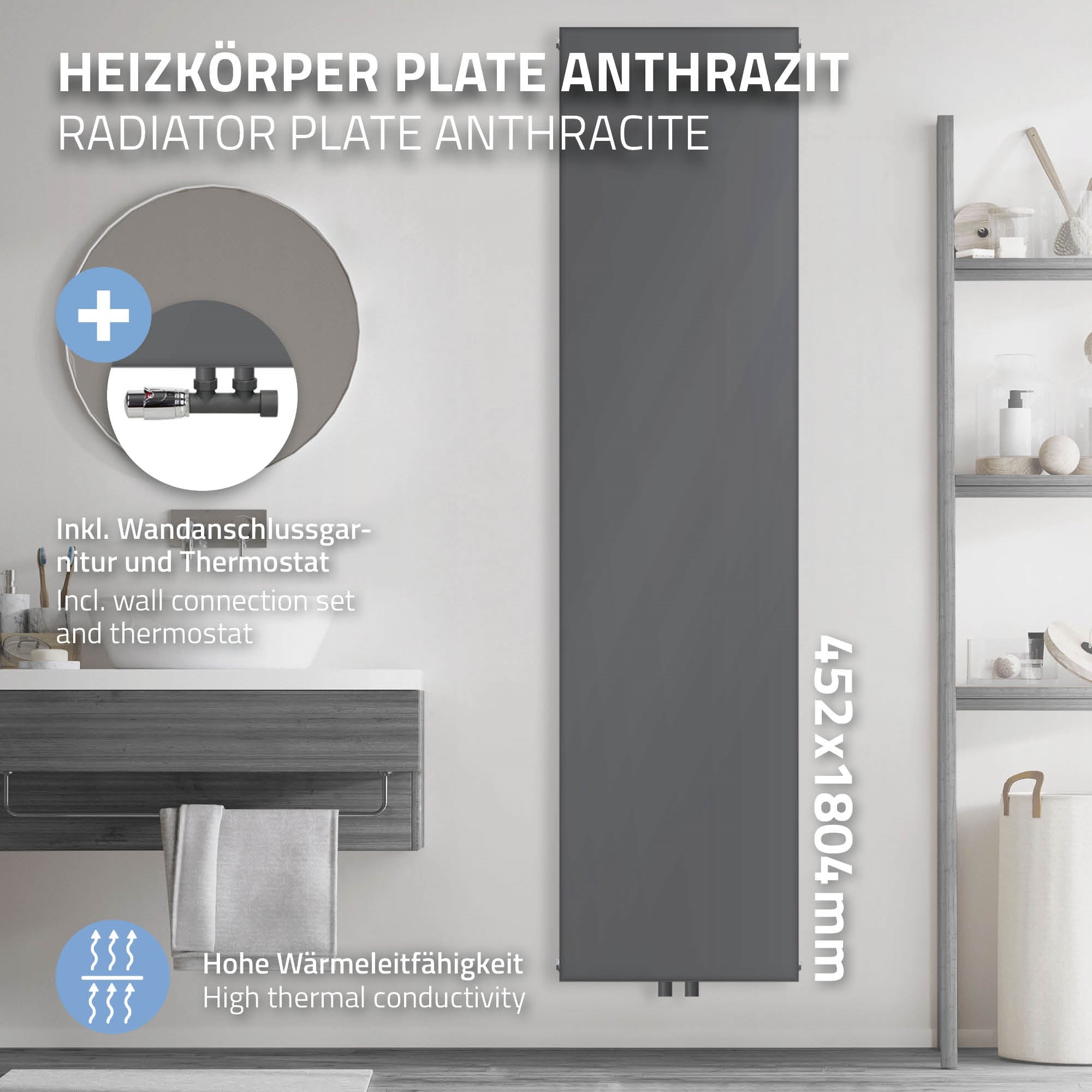 Anthrazitfarbener Heizkörper mit Handtuchhalter und Zubehör.