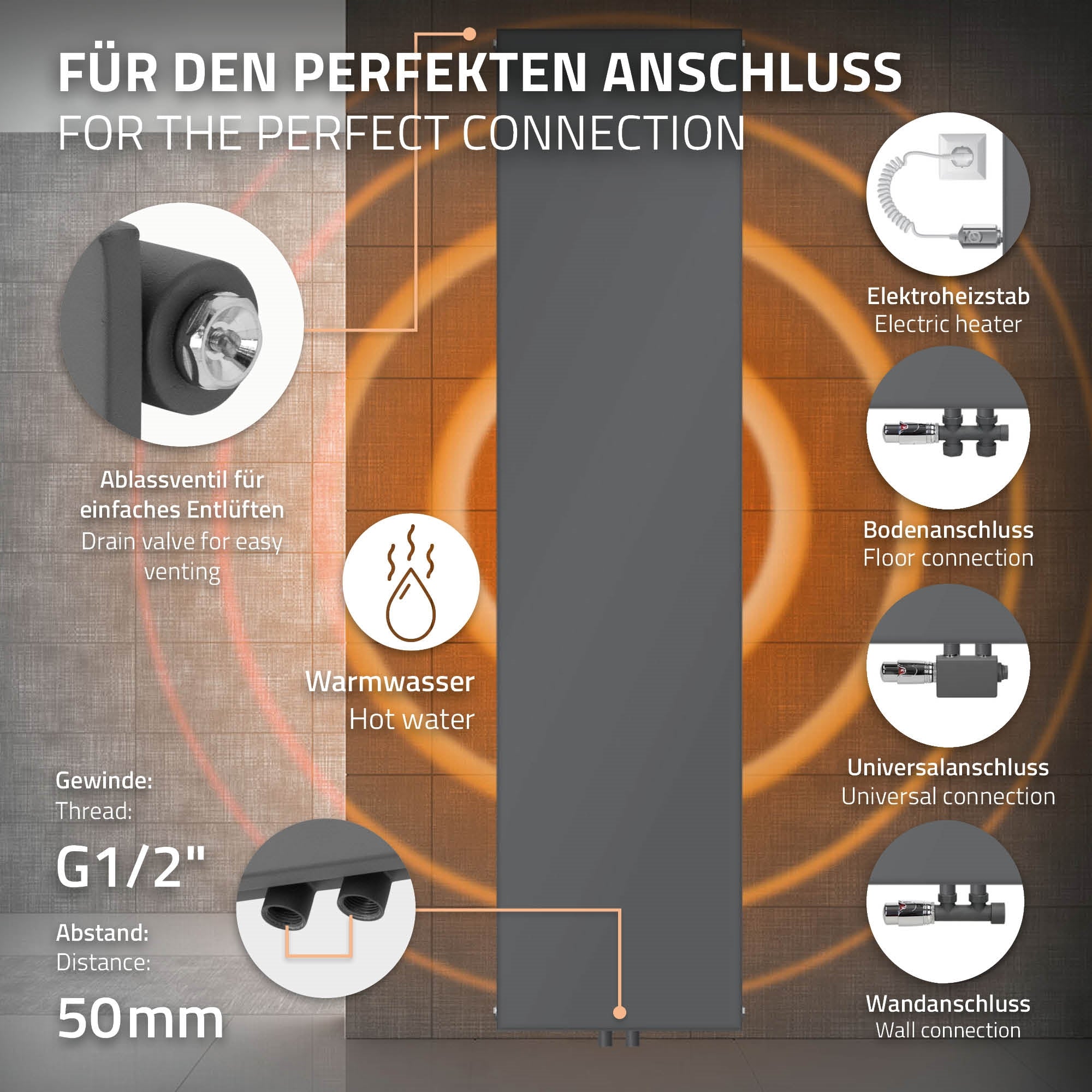 Technische Details zu einem anthrazitfarbenen Heizkörper.