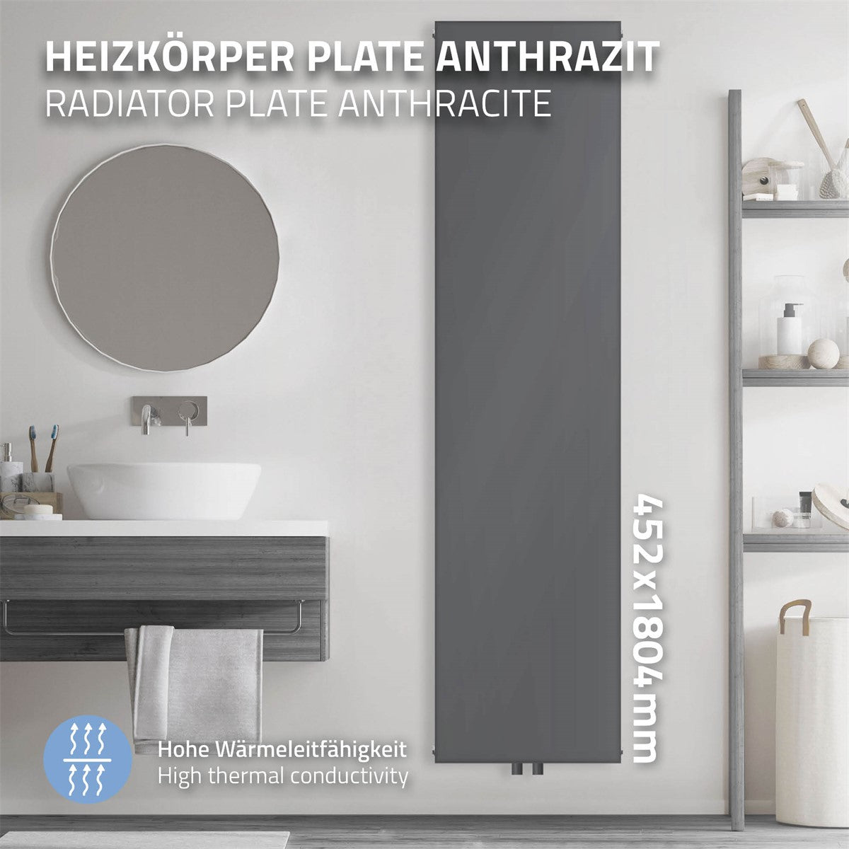Antracytowy grzejnik z lustrem i półką łazienkową w tle.