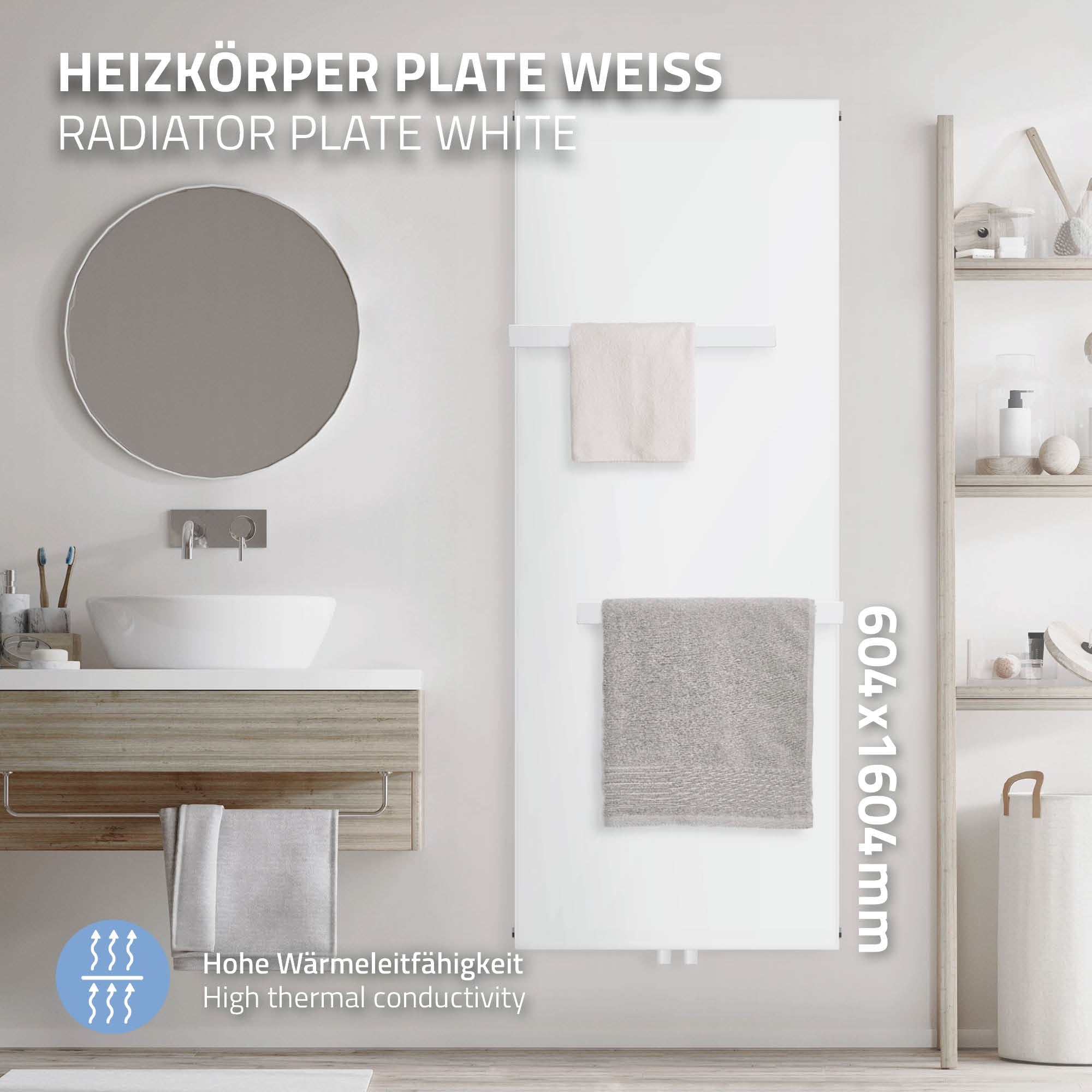Weißer Heizkörper mit Handtuchhaltern und Spiegel im Hintergrund.