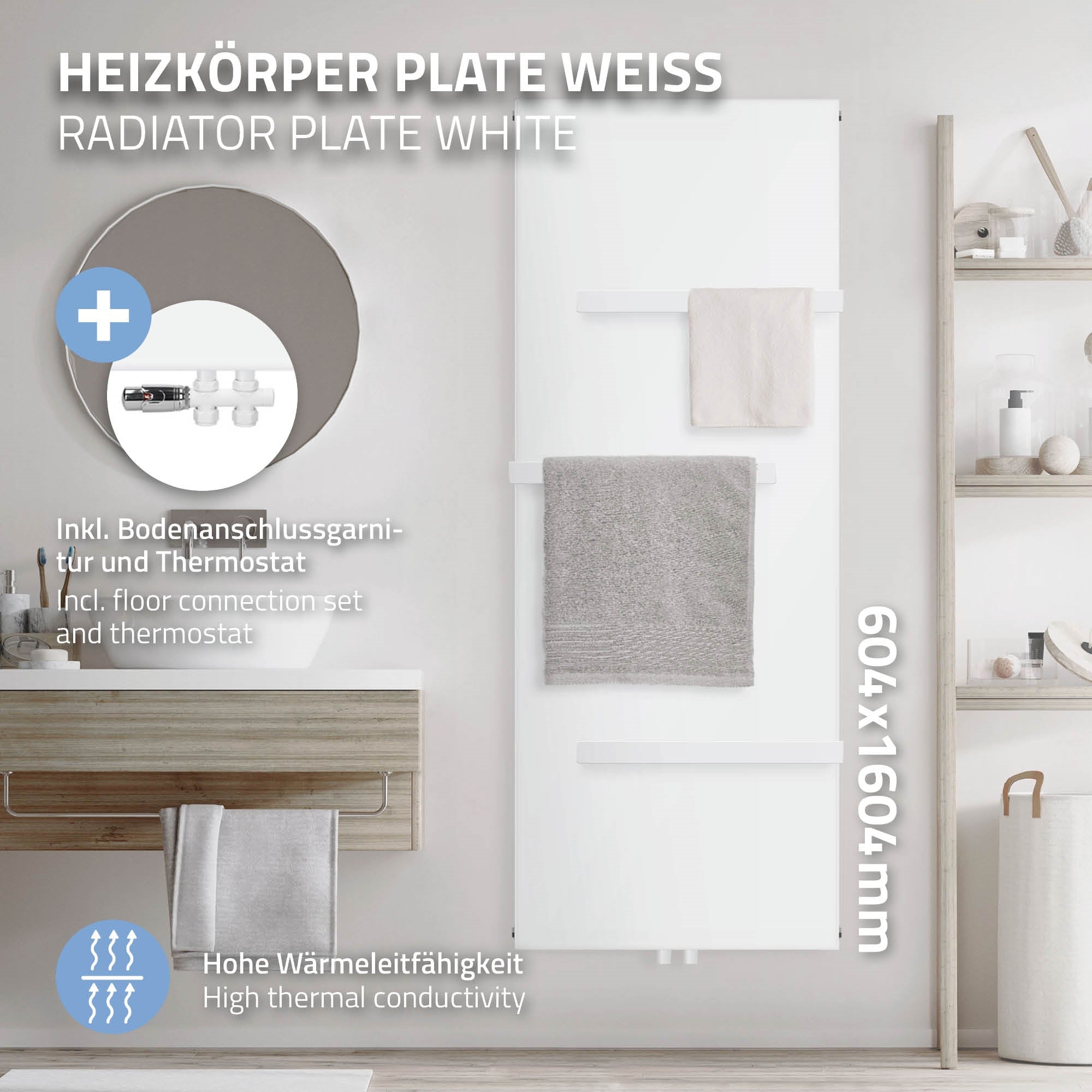 Weißer Heizkörper mit Handtüchern, Wandmontage und Zubehör.