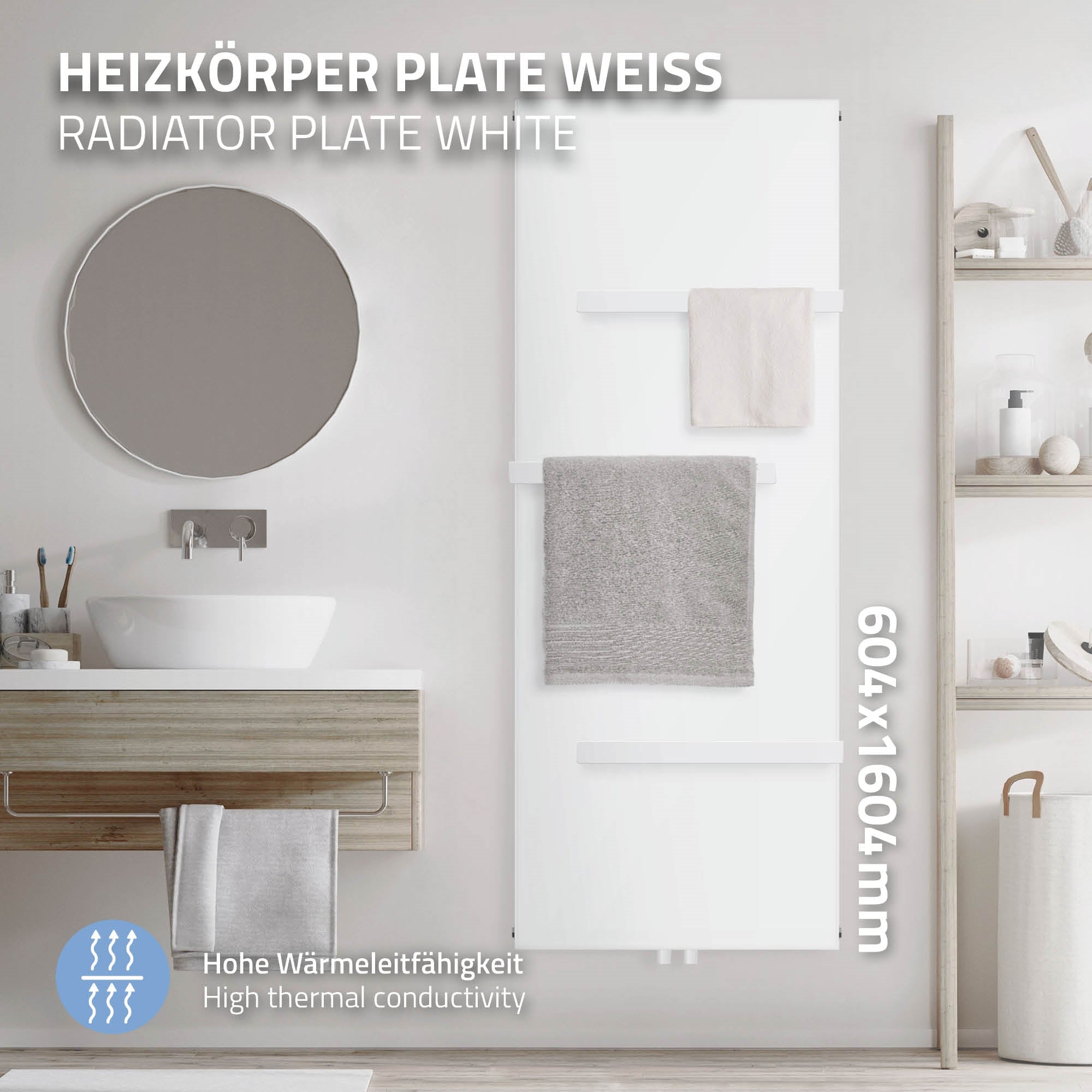 Weißer Heizkörper mit Handtuchhaltern und Spiegel in einem Badezimmer.