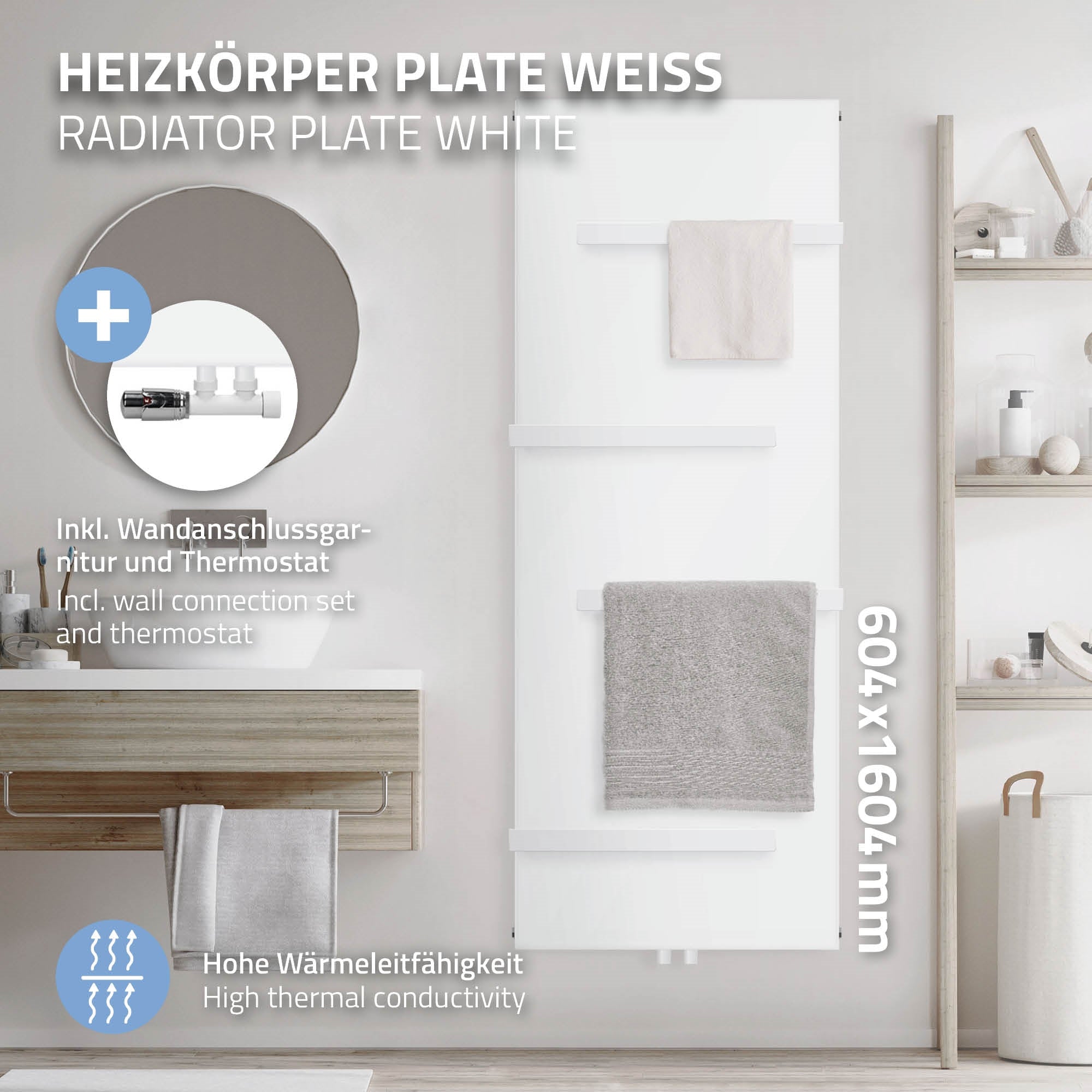 Weißer Heizkörper mit Handtuchhaltern und Zubehör.