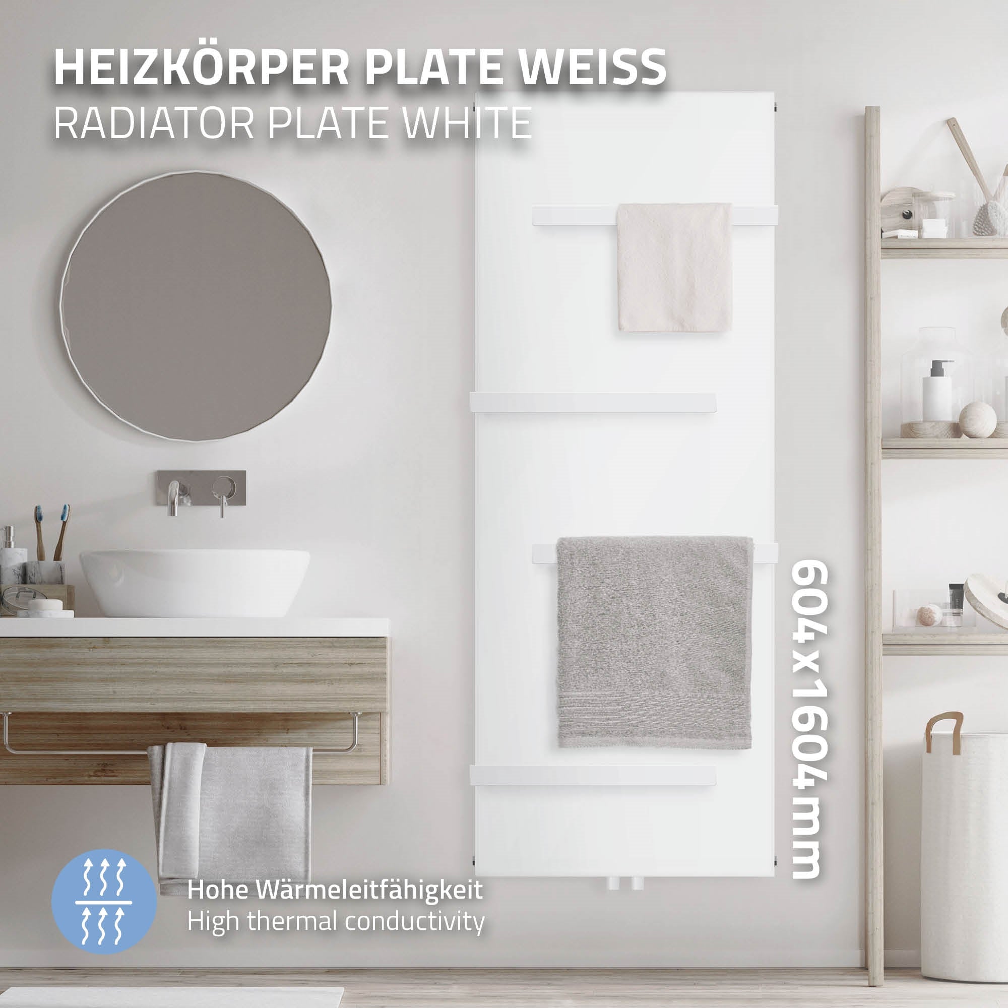 Weißer Heizkörper mit Handtüchern in einem modernen Badezimmer.