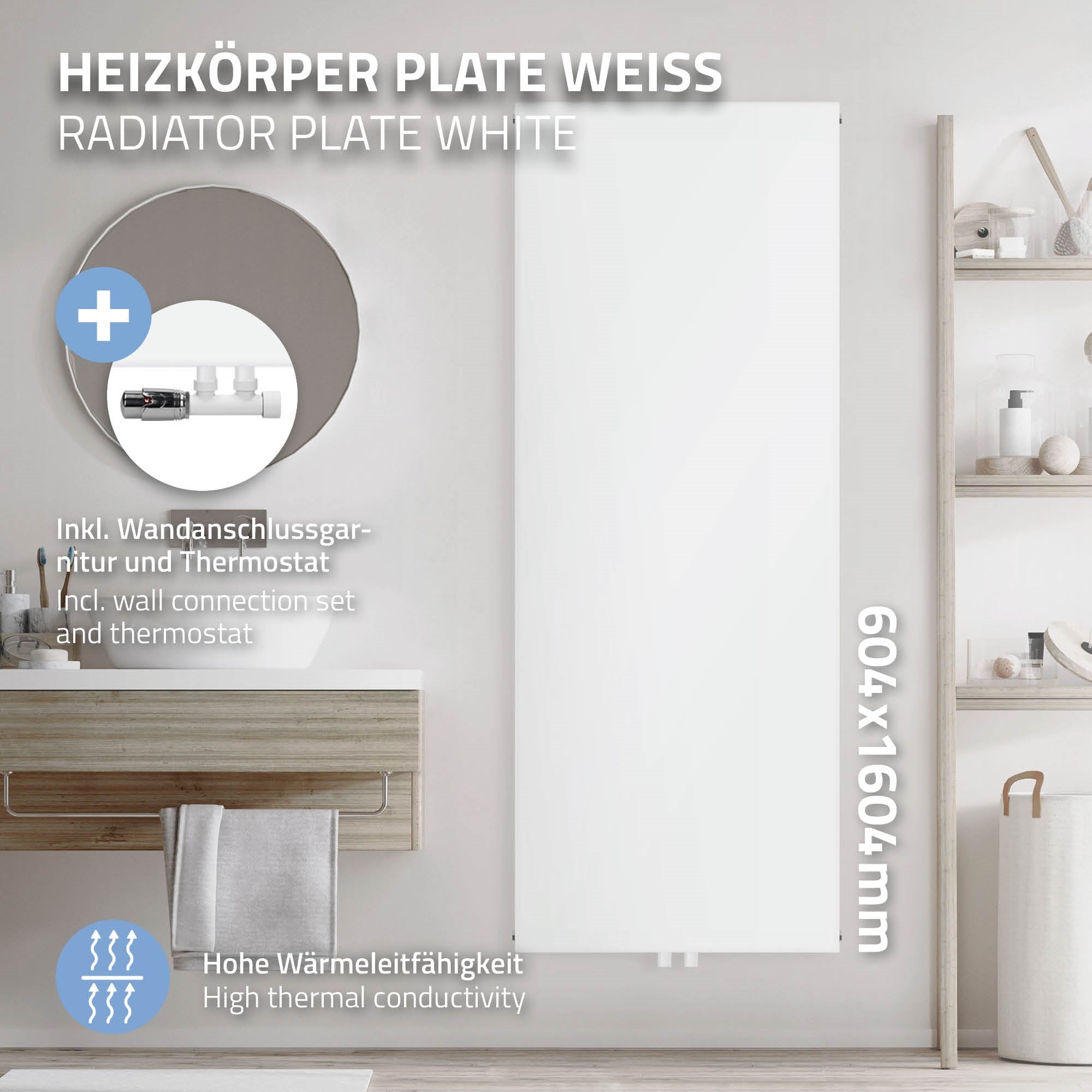 Weißer Heizkörper mit Wandanschluss und Thermostat in einem Badezimmer.