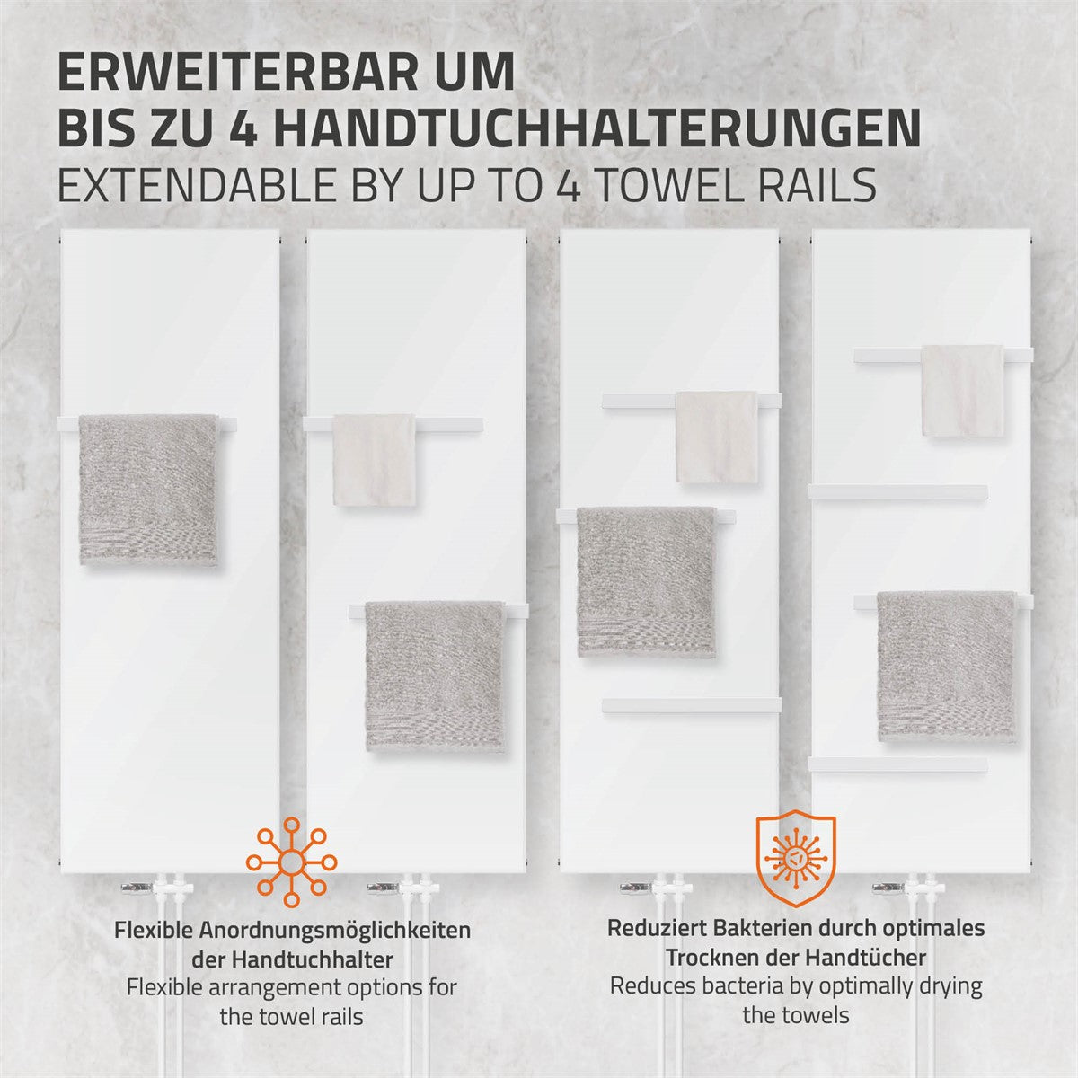 Weiße Heizkörperplatte mit mehreren Handtuchhaltern.