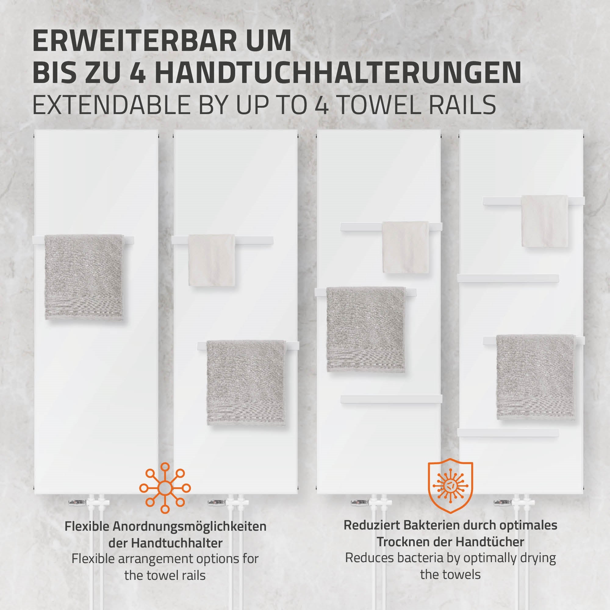 Weiße Heizkörperplatte mit mehreren Handtuchhaltern.