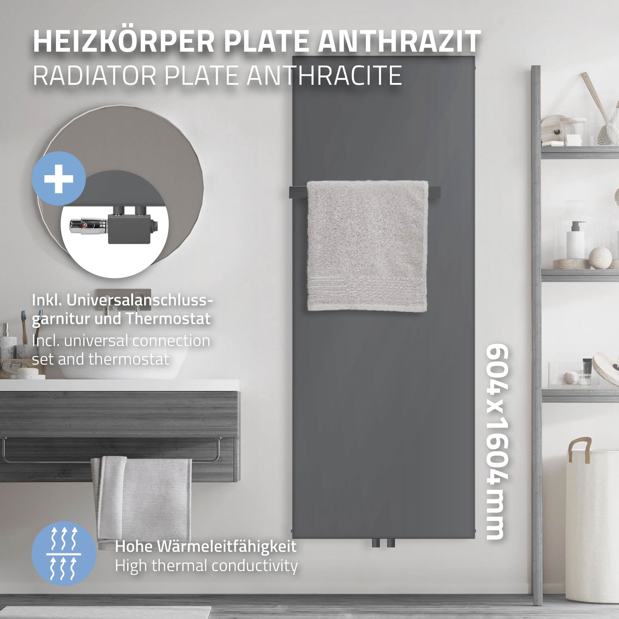 Anthrazitfarbener Heizkörper mit Handtuchhalter und Zubehör.