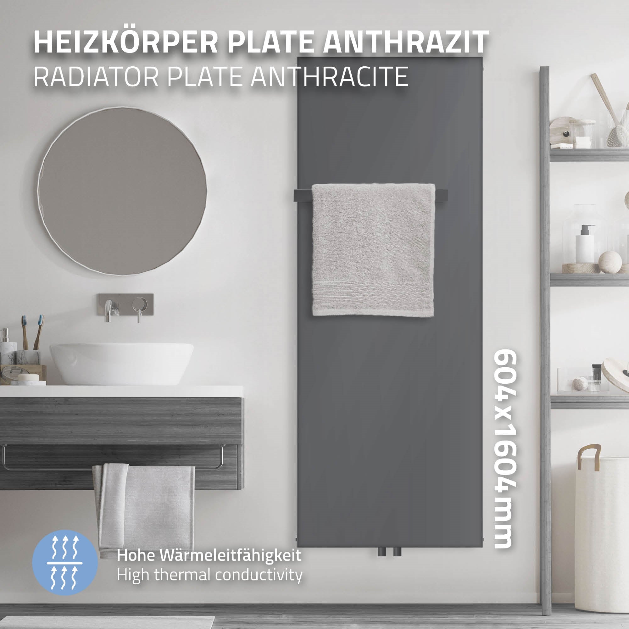 Anthrazitfarbener Heizkörper mit Handtuchhalter in einem Badezimmer.