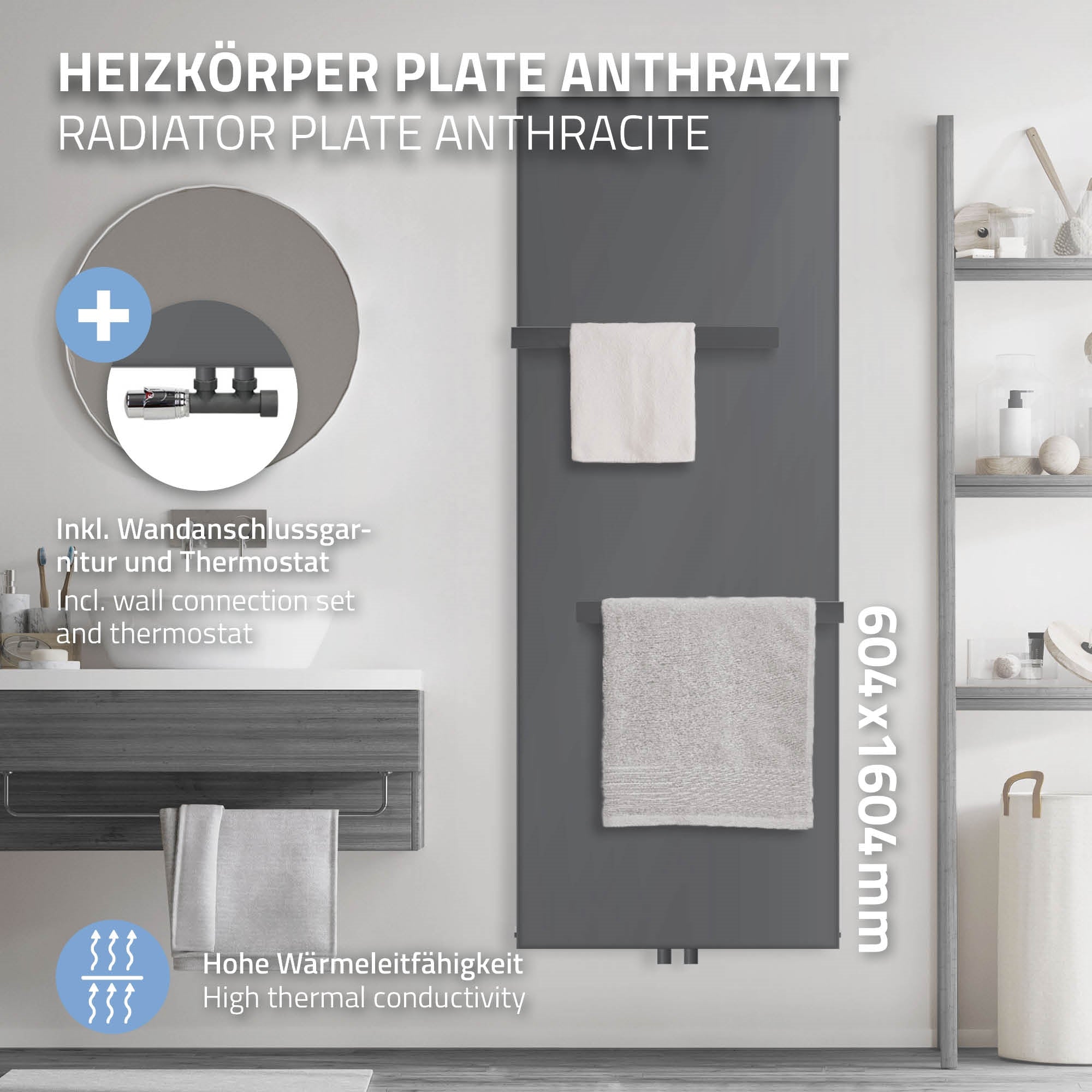 Ein anthrazitfarbener Heizkörper mit Handtuchhaltern und Zubehör im Badezimmer.