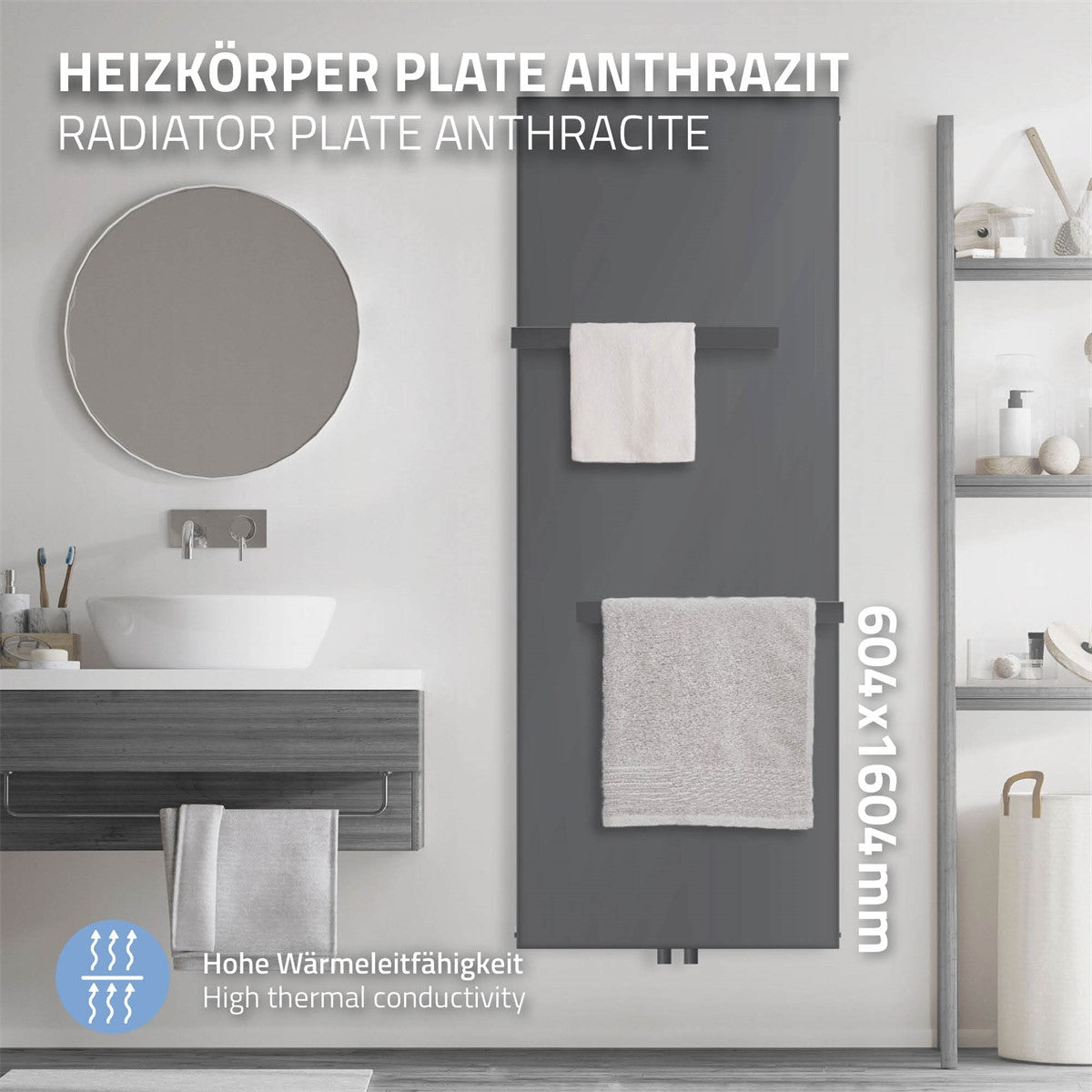 Anthrazitfarbene Heizkörperplatte mit Handtuchhaltern und Spiegel.