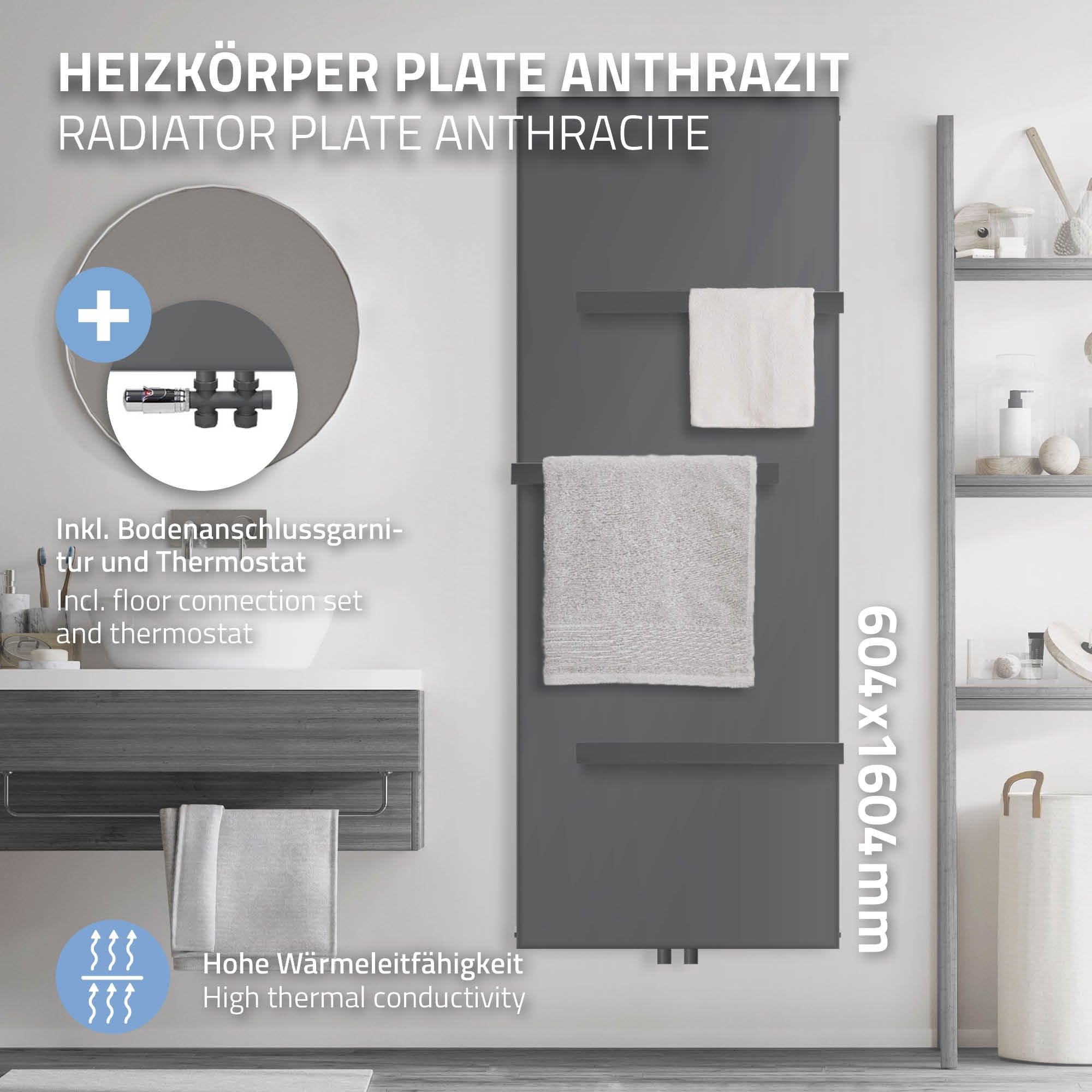 Anthrazitfarbener Heizkörper mit Handtuchhaltern im Badezimmer.