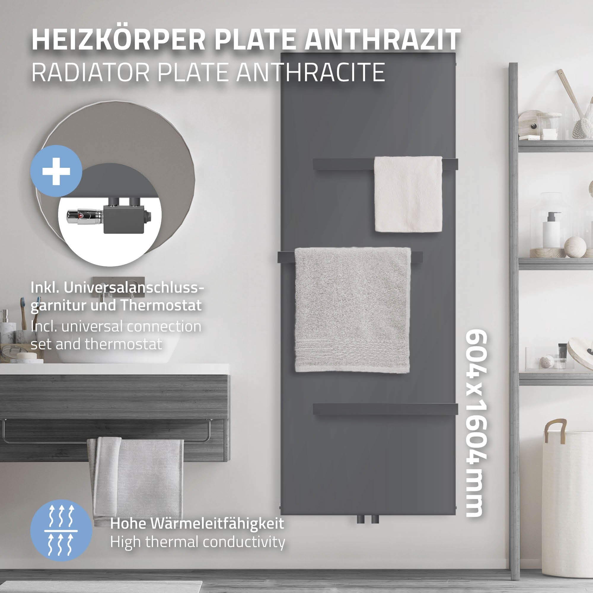 Anthrazitfarbener Heizkörper mit Handtüchern und Wandhalterung.