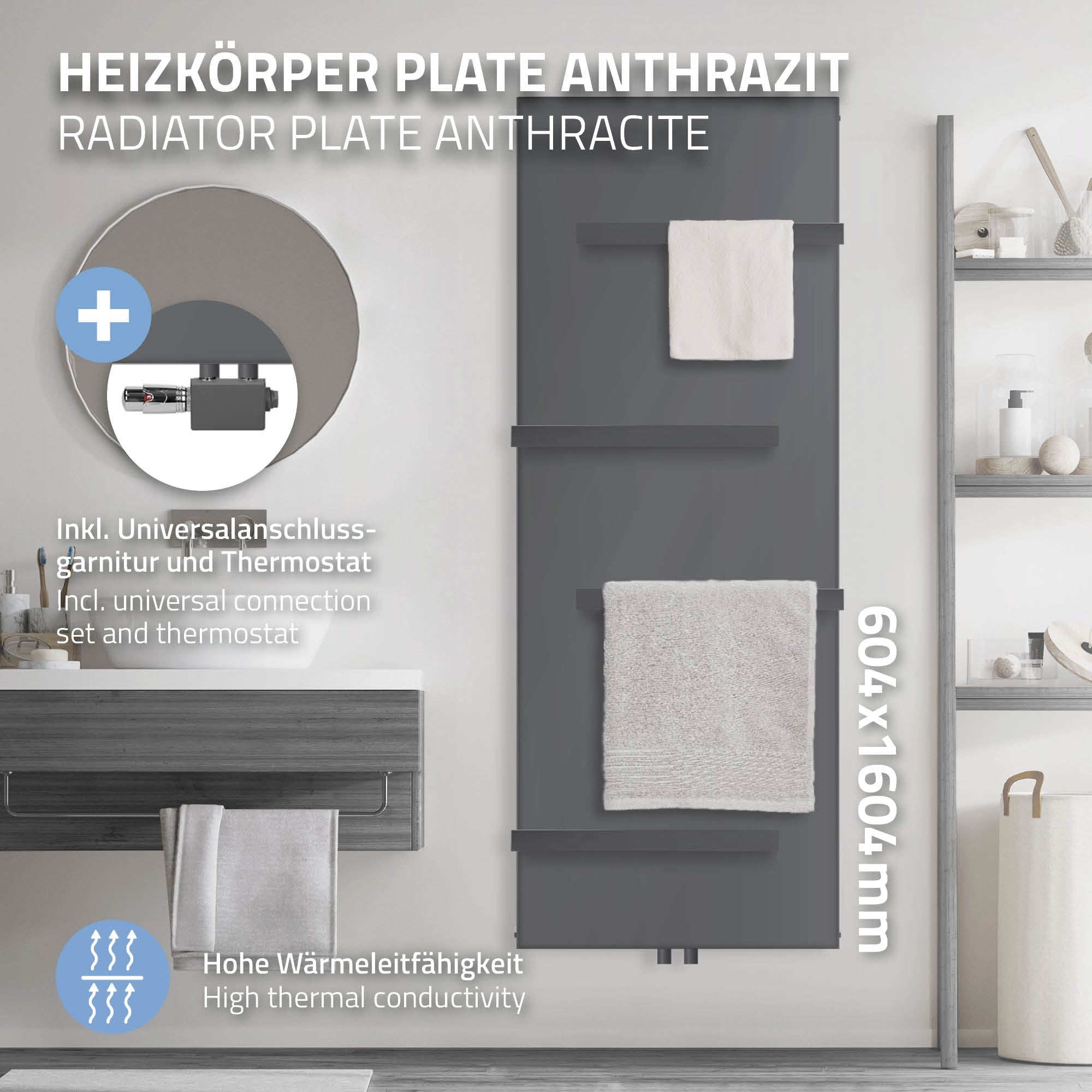Heizkörperplatte in Anthrazit mit Zubehör und Maßen.