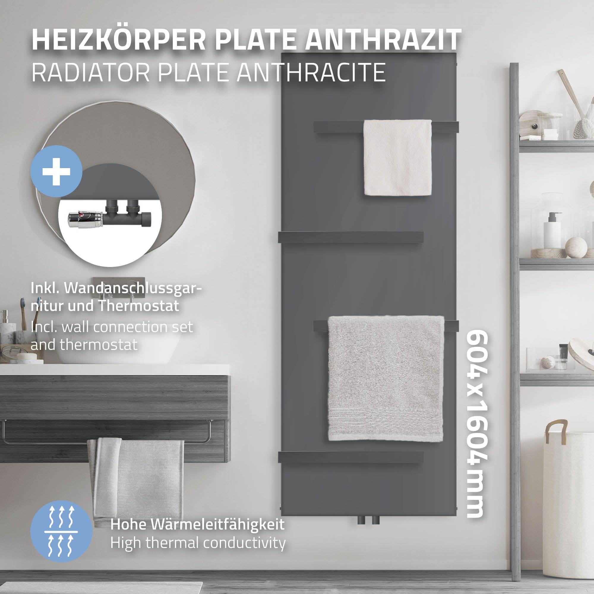 Anthrazitfarbener Heizkörper mit Handtuchhalter in einem Badezimmer.