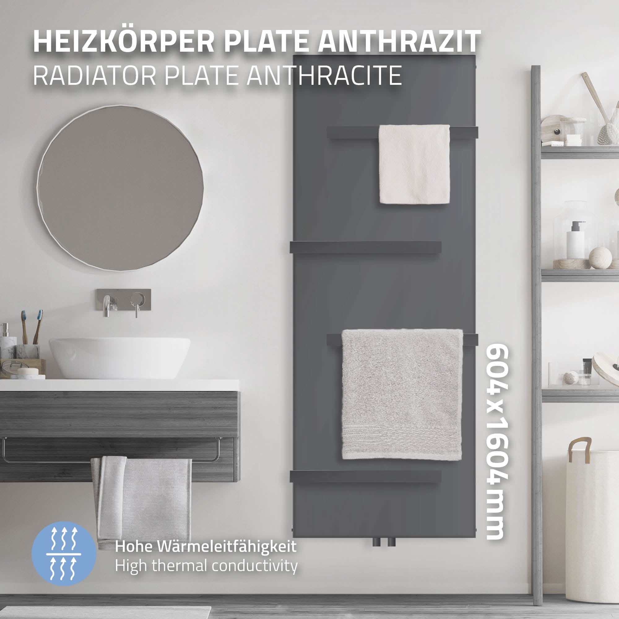 Anthrazitfarbener Heizkörper mit Handtüchern in einem modernen Badezimmer.