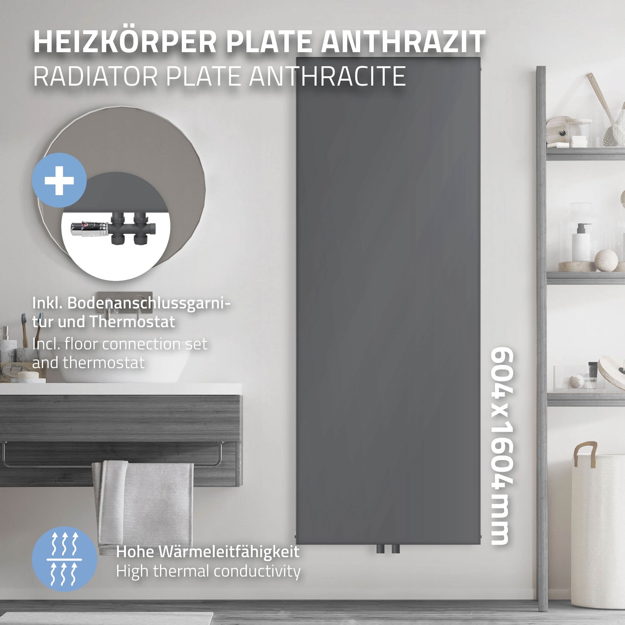 Heizkörper in Anthrazit, Maße 604x1604mm, inkl. Wandanschluss und Thermostat.