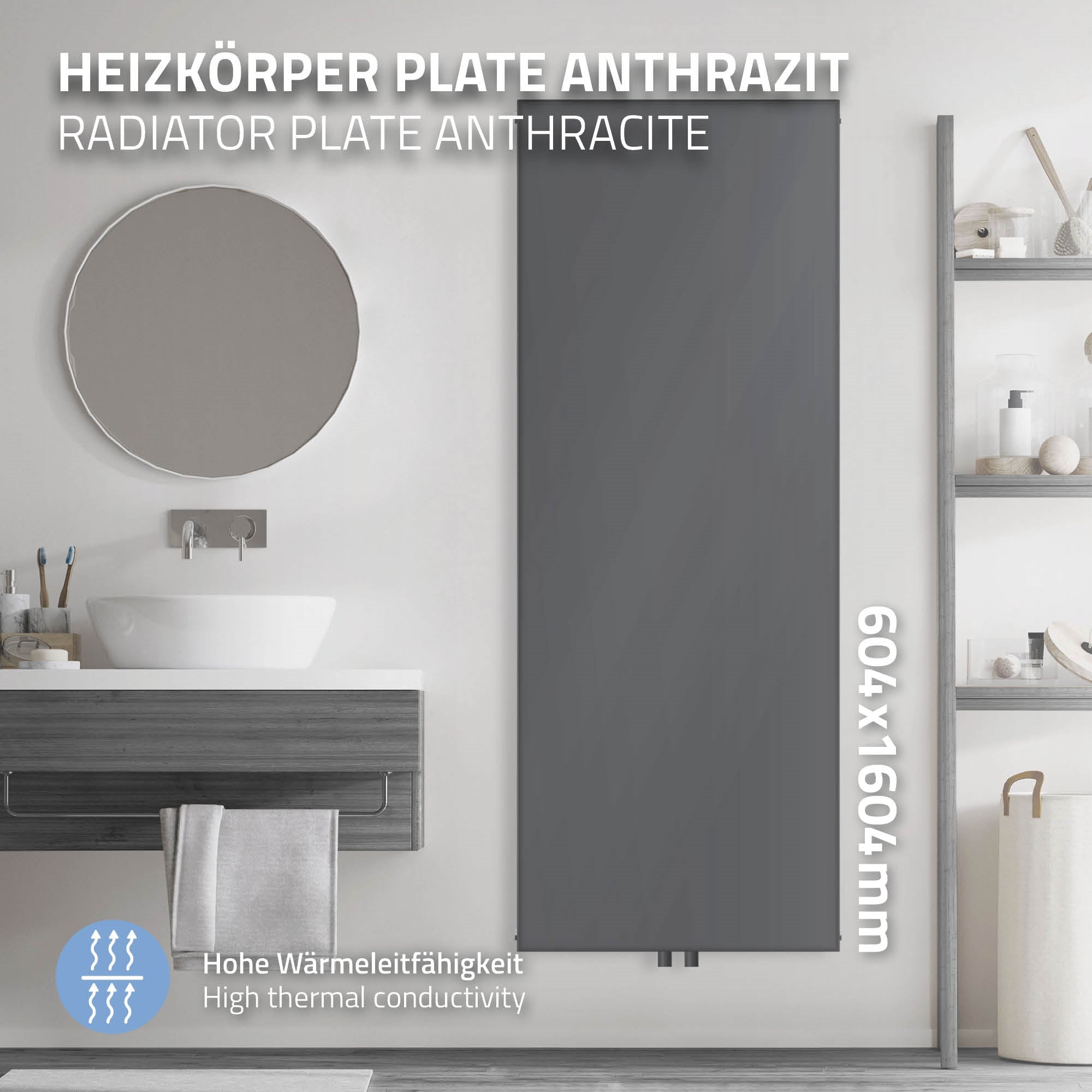 Anthrazitfarbener Heizkörper in einem modernen Badezimmer.